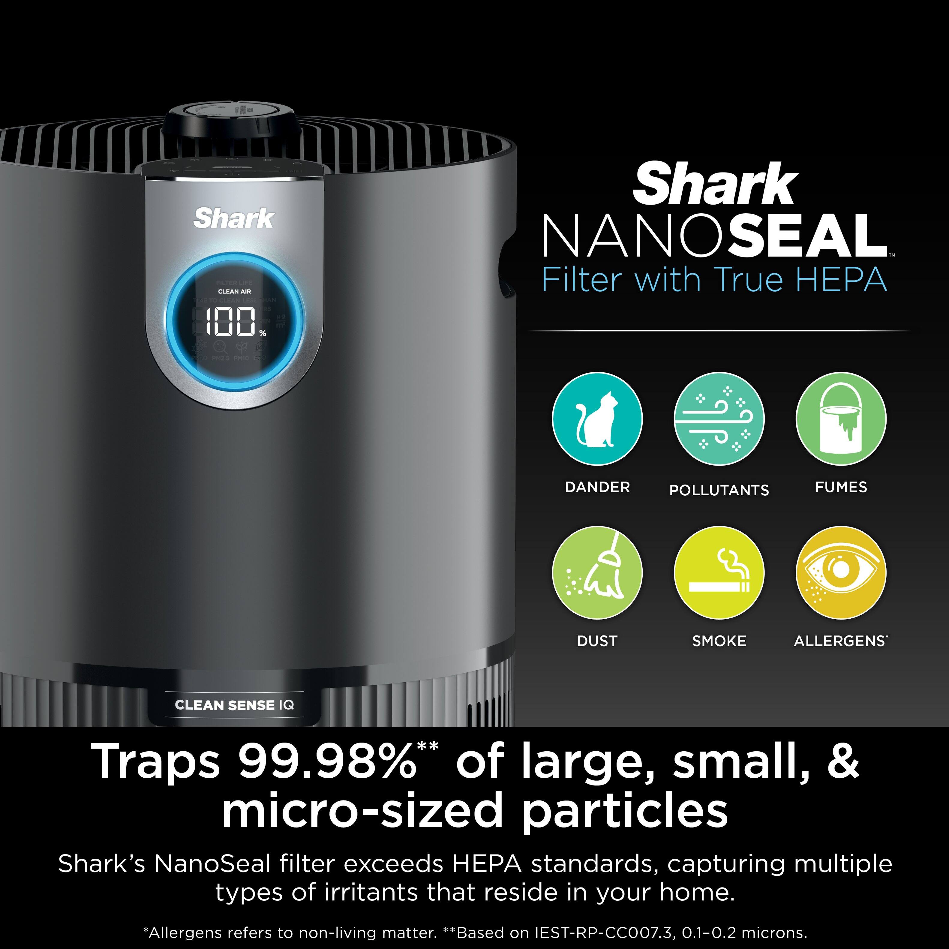 Shark NanoSeal Filter with True HPA: Traps 99.98% of large, small, and micro-sized particles. Shark's NanoSeal filter exceeds PA standards, capturing multiple types of irritants that reside in your home. Allergens refer to non-living matter. Based on EST-RP-CCO07.3, 0.1-0.2 microns.