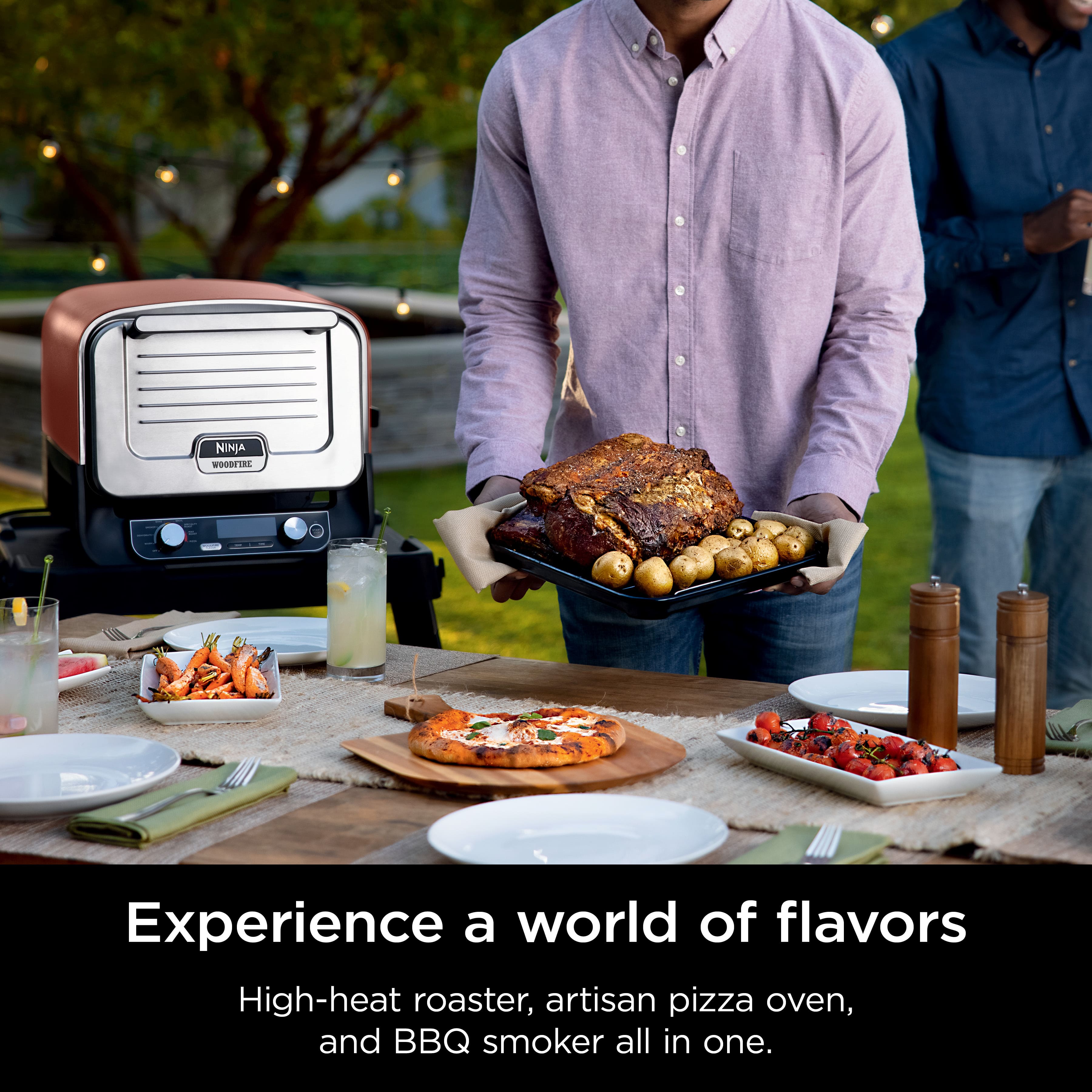 Experience a world of flavors with our high-heat roaster, artisan pizza oven, and BBQ smoker all in one.