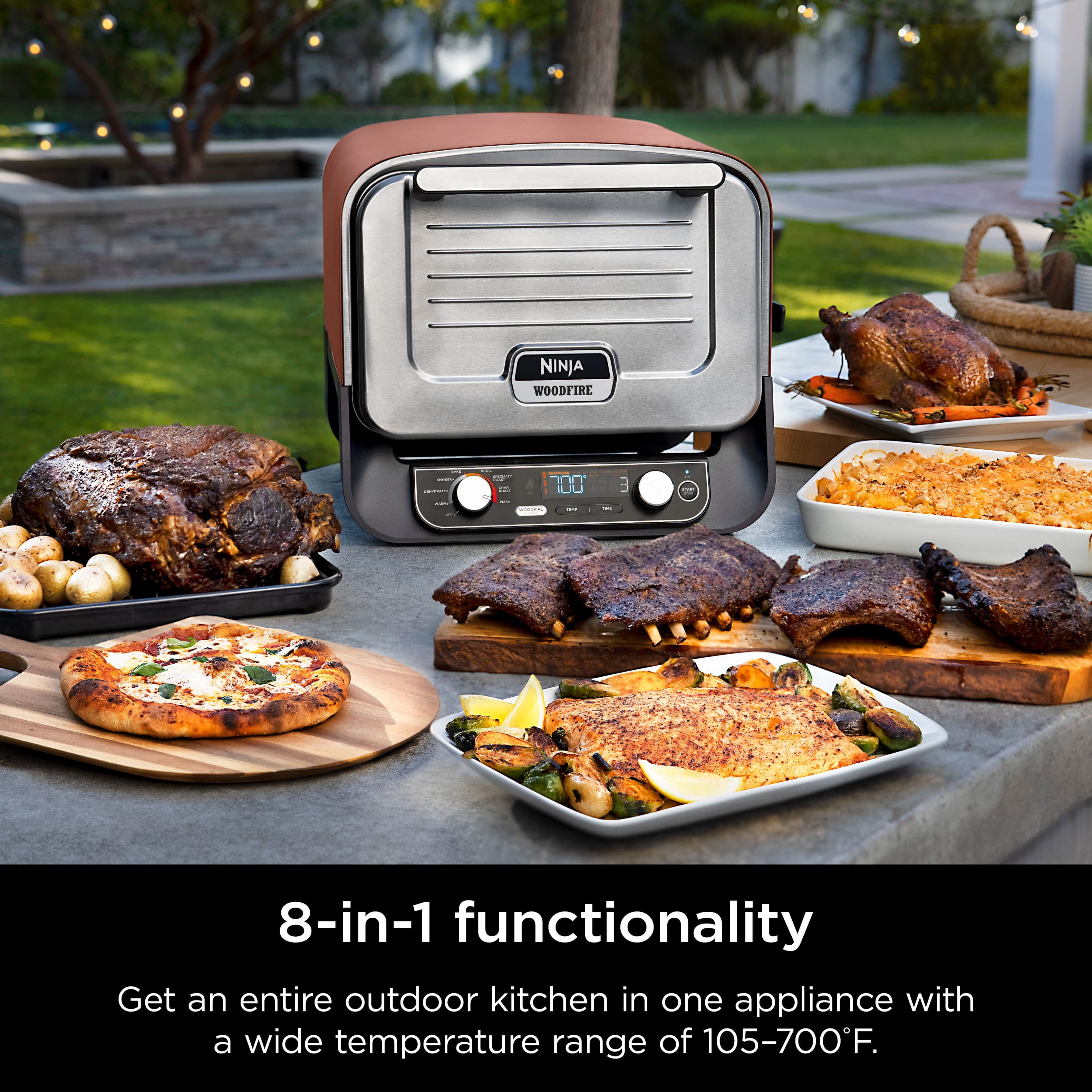 Ninja Woodfire: 8-in-1 functionality Get an entire outdoor kitchen in one appliance with a wide temperature range of 105-700F.