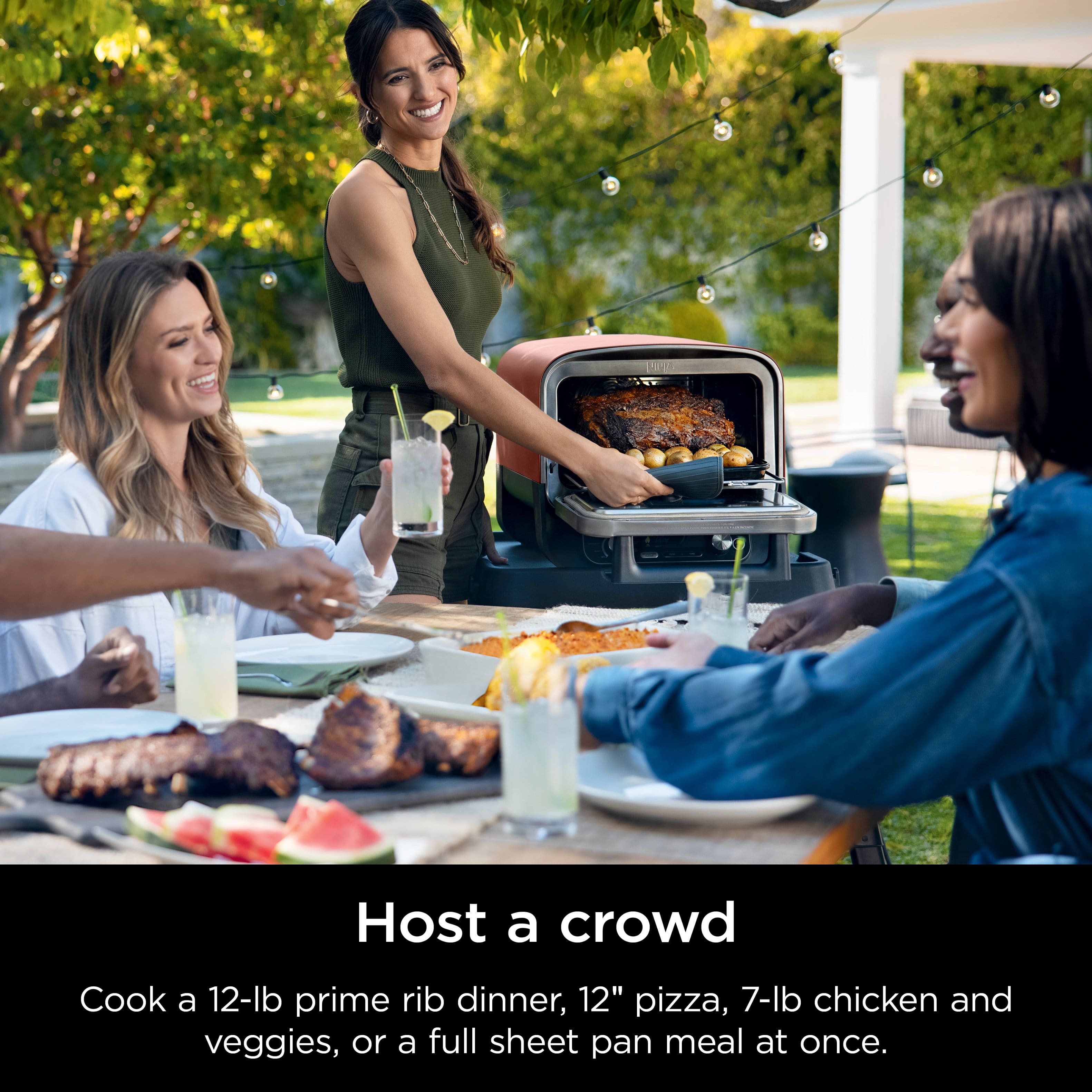 Host a crowd by cooking a 12-lb prime rib dinner, 12" pizza, 7-lb chicken, and veggies or a full sheet pan meal all at once.