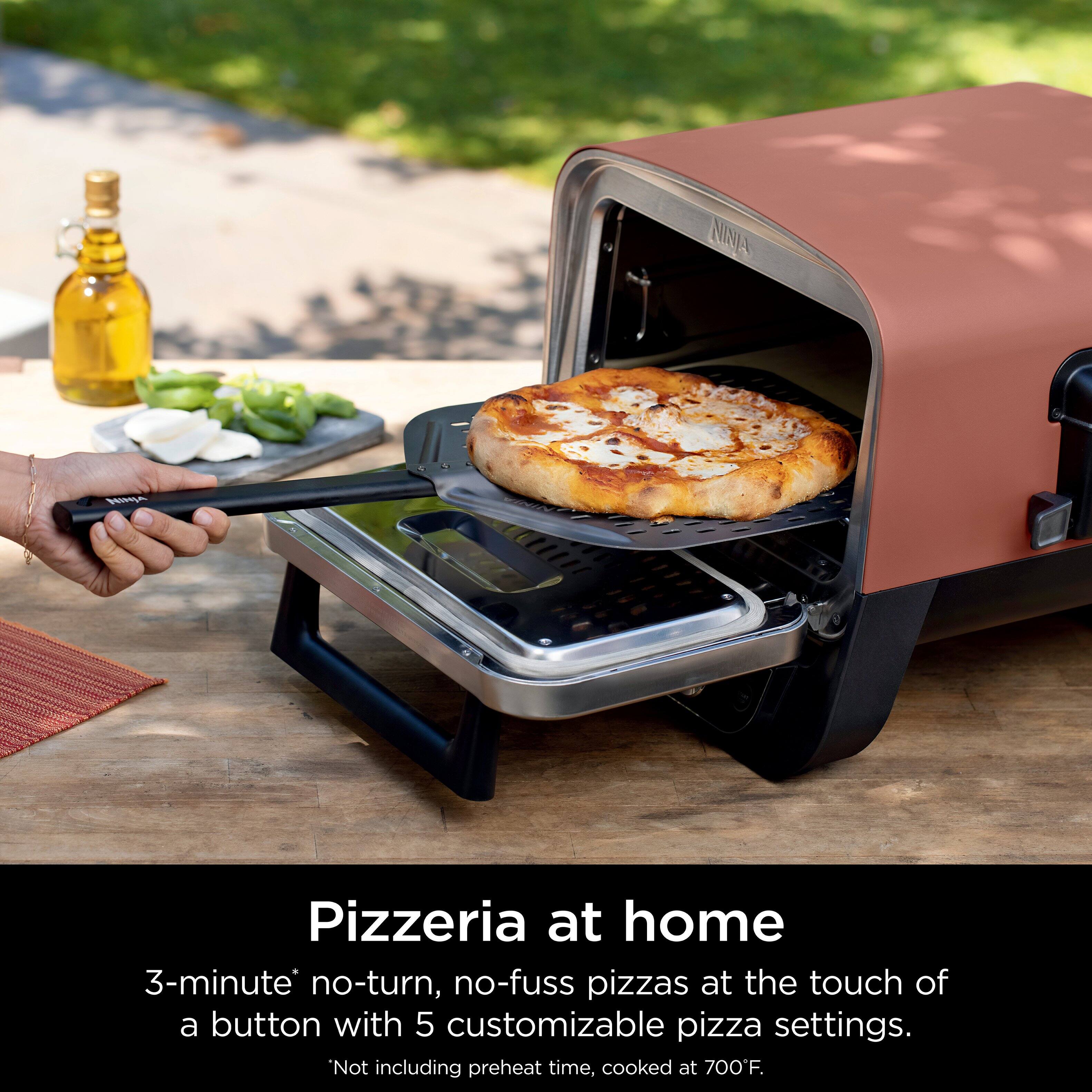 Nina Pizzeria at home: 3-minute no-turn, no-fuss pizzas at the touch of a button with 5 customizable pizza settings. Not including preheat time, cooked at 700F.