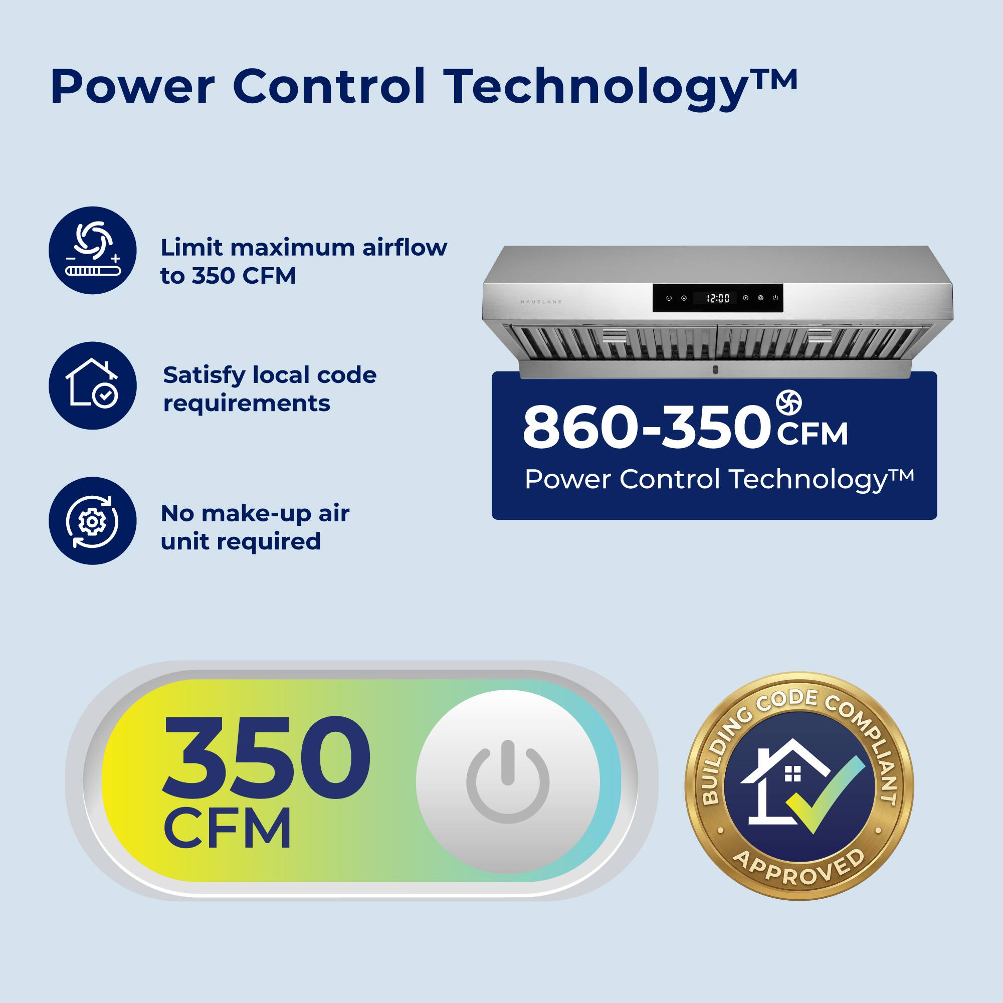 Power Control Technology™

- Limit maximum airflow to 350 CFM
- Satisfy local code requirements
- No make-up air unit required

860-350 CFM Power Control Technology™

350 CFM

BUILDING CODE COMPLIANT APPROVED