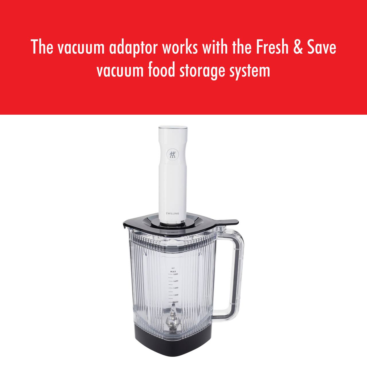 The vacuum adaptor works with the Fresh & Save vacuum food storage system.