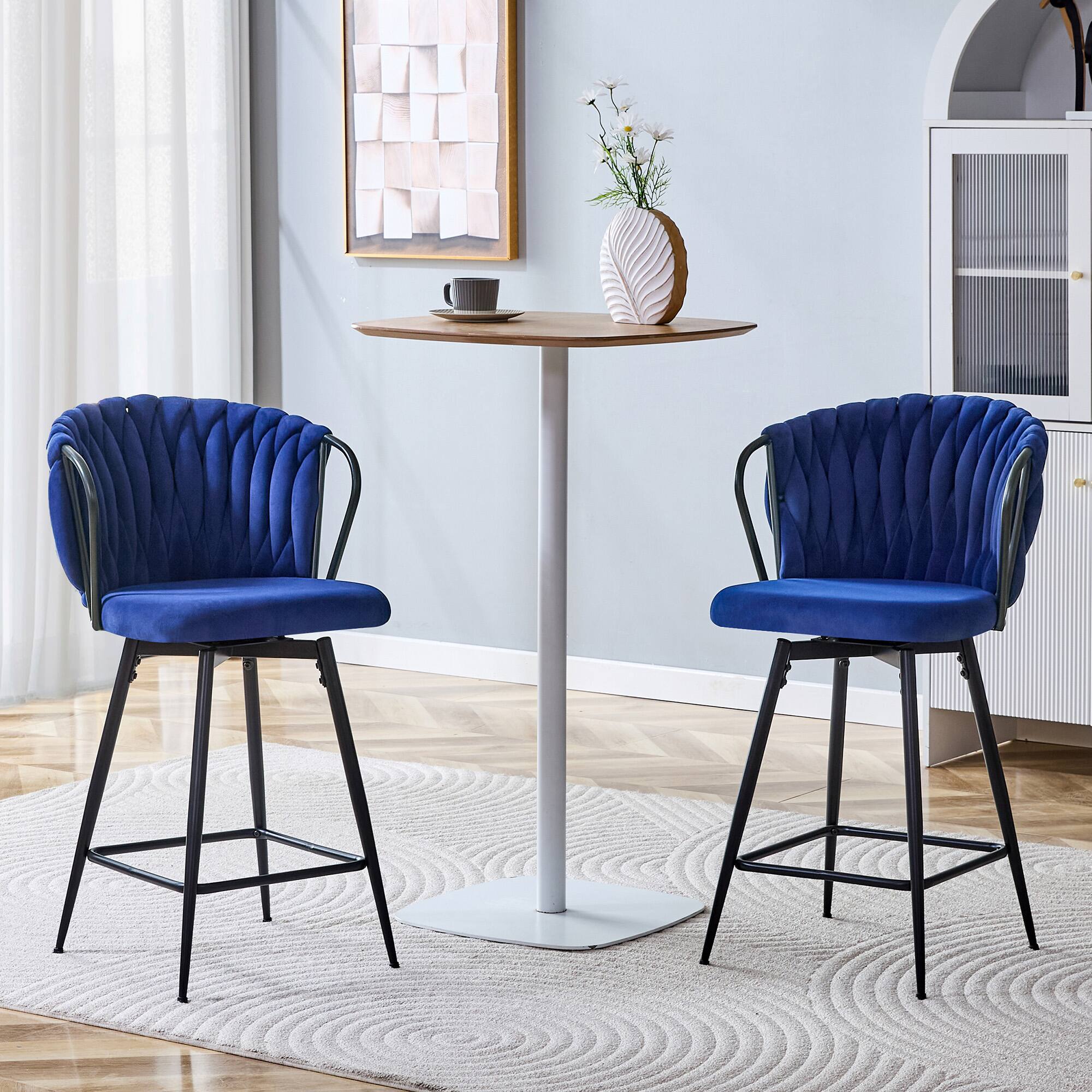 Left. Loheer - Loheer Counter Height Bar Stools Set of 2, Blue Velvet Bar Stools with Braided Back, Metal Frame, 3 ft - Black,Blue.