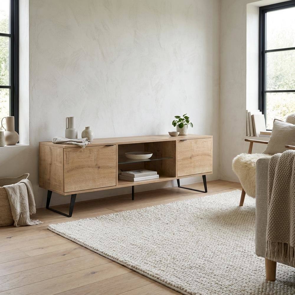 Alt View 2. FurniFact - Mid Century Modern Oak Glass Shelf TV Stand with Wooden Frame - Brown.