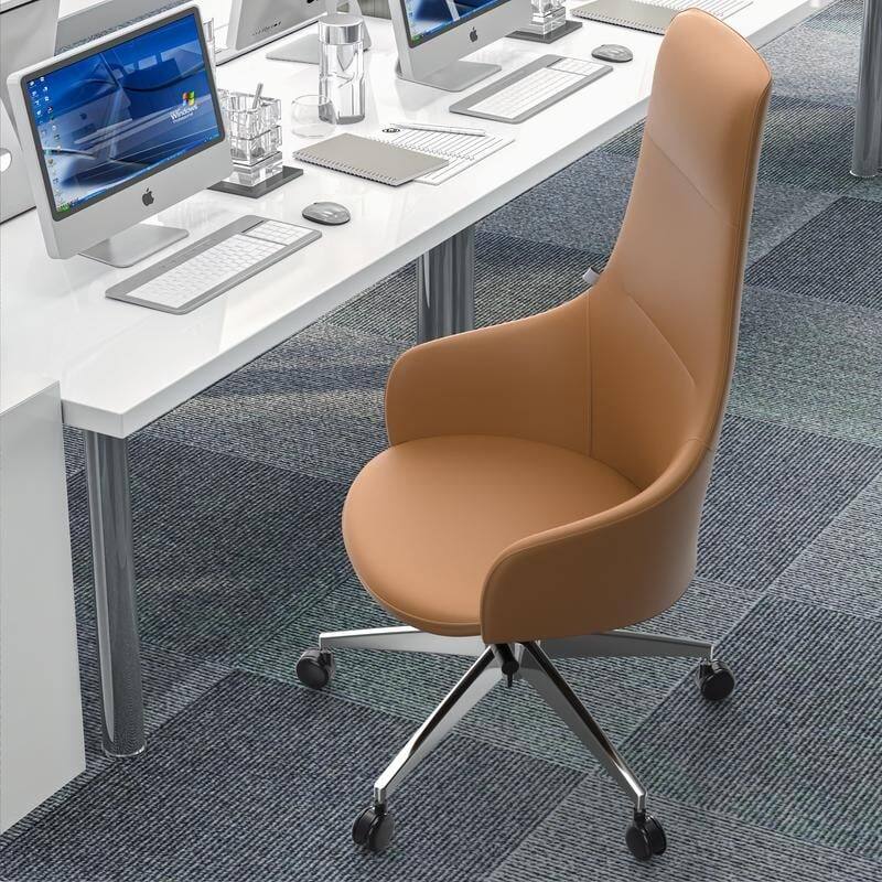 Left. LeisureMod - Celeste High-Back Office Chair in Upholstered Leather with Iron Frame Swivel and Tilt for Desk, Study and Home Office - Acorn Brown.