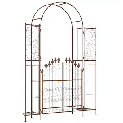 Front. Outsunny - Garden Arbor, Garden Arch with Gate, Planter Shelves for Climbing Vines, Ceremony, Weddings - Brown.