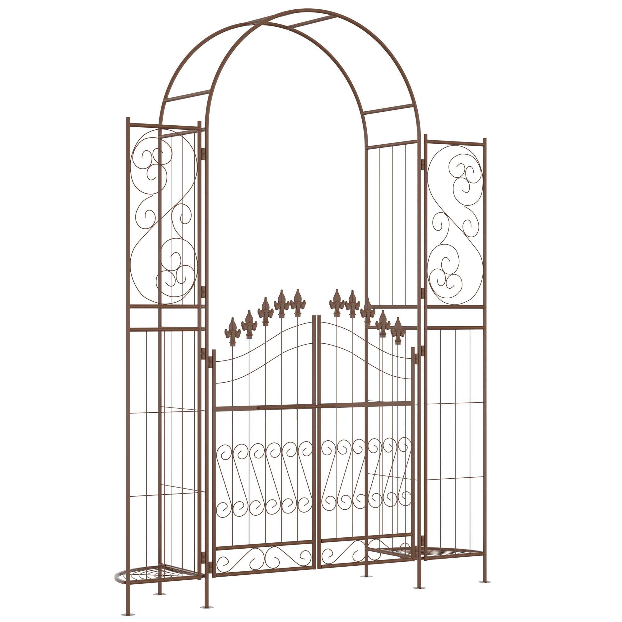 Front. Outsunny - Garden Arbor, Garden Arch with Gate, Planter Shelves for Climbing Vines, Ceremony, Weddings - Brown.