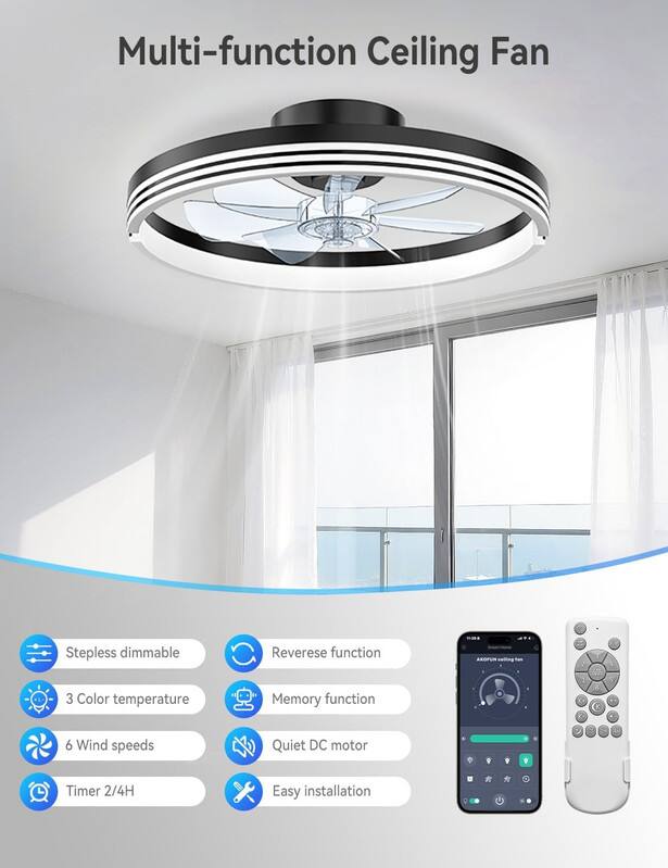 Multi-function Ceiling Fan

- Stepless dimmable
- Reverse function
- 3 Color temperature
- Memory function
- 6 Wind speeds
- Quiet DC motor
- Timer 2/4H
- Easy installation