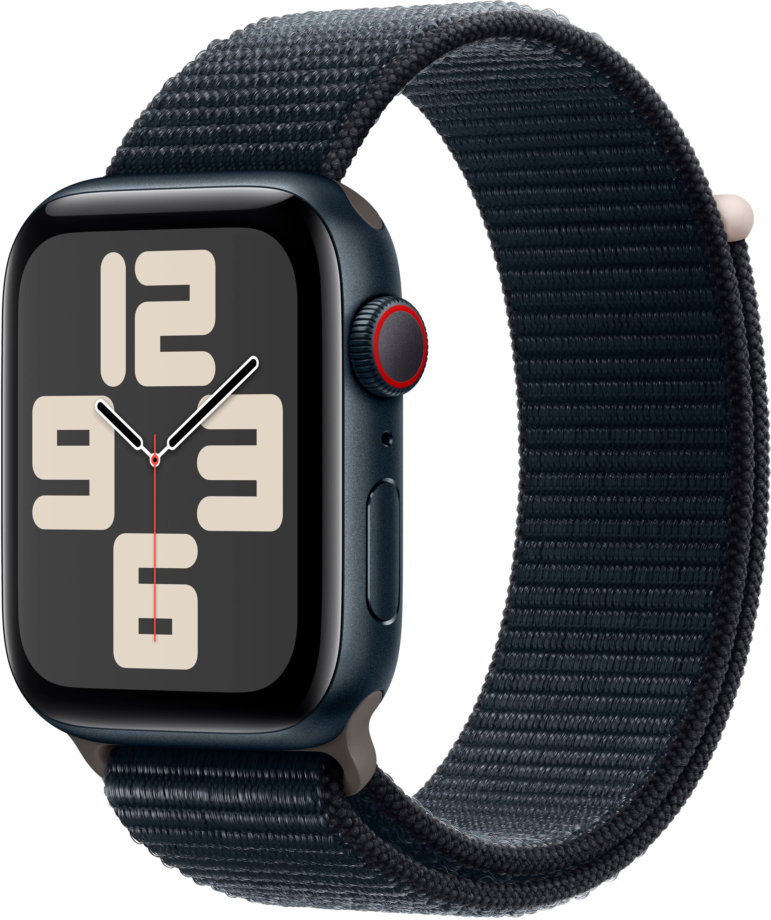 Front. Apple - Apple Watch SE 2nd Generation (GPS + Cellular) 44mm Midnight Aluminum Case with Midnight Sport Loop - Midnight.