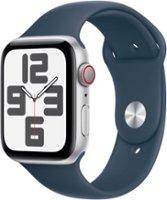 Apple Watch SE 2nd Generation (GPS + Cellular) 44mm Silver Aluminum Case with Storm Blue Sport Band - S/M - Silver (AT&T) - Front_Zoom