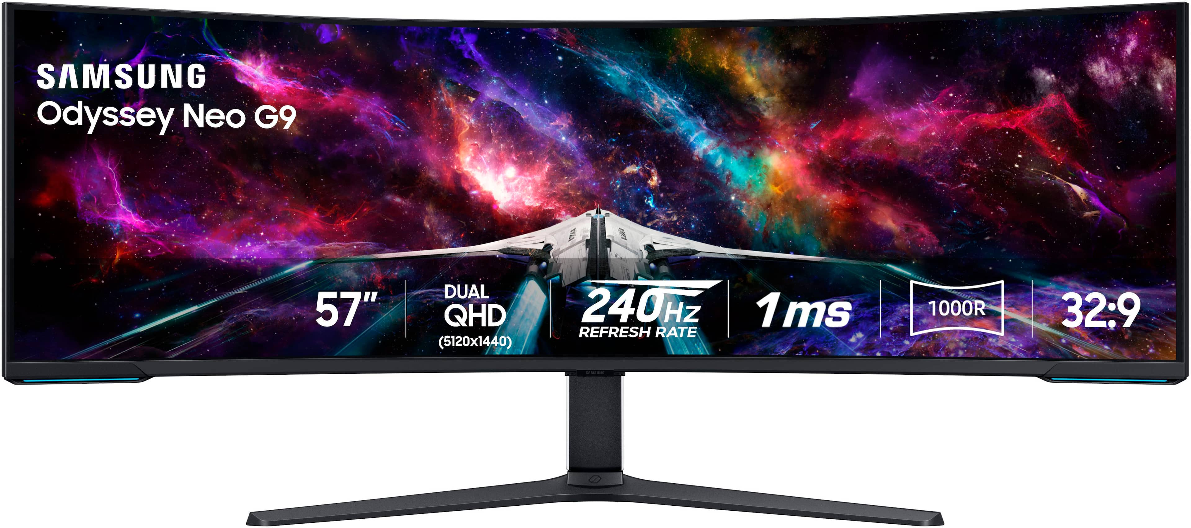 Front. Samsung - 57" Odyssey Neo G9 Dual 4K UHD Quantum Mini-LED 240Hz 1ms HDR 1000 Curved Gaming Monitor (HDMI 2.1, DP 2.1, USB 3.0) - Black.