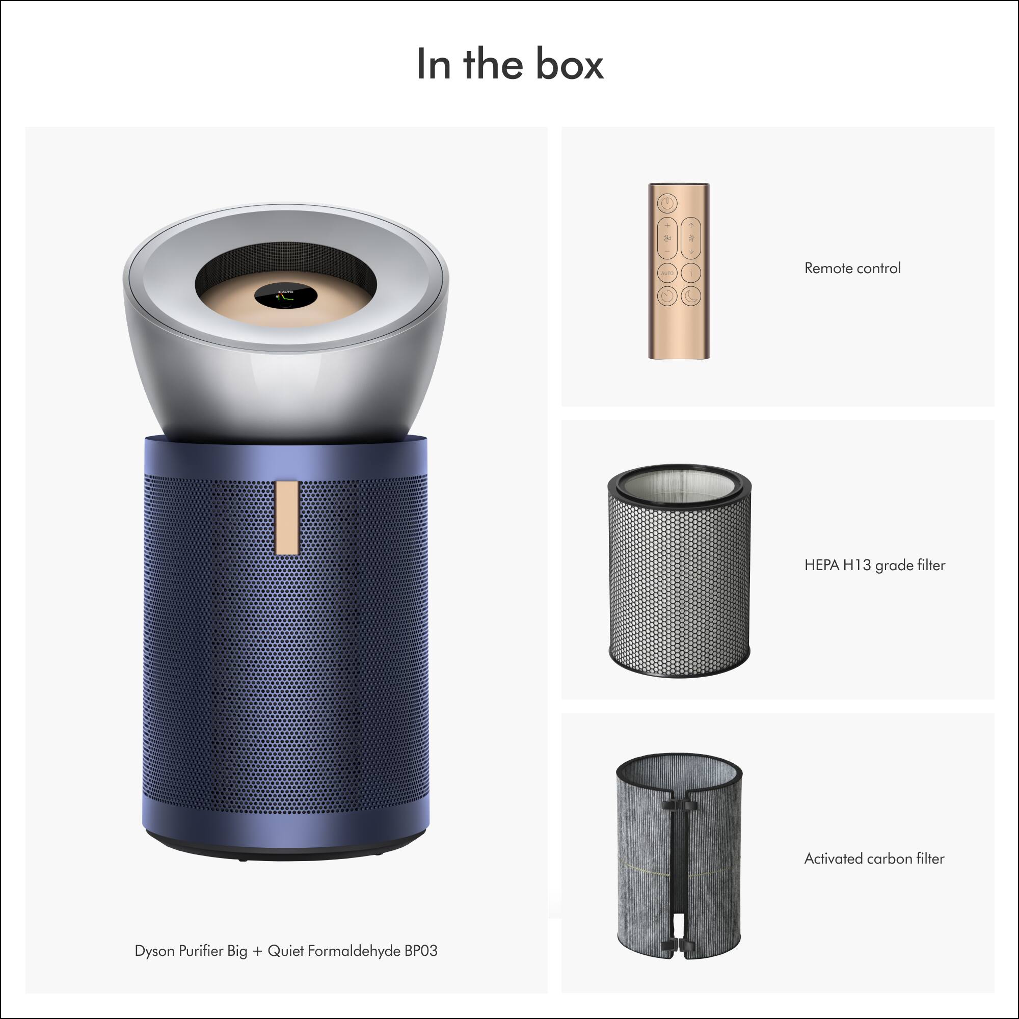 In the box, there is a remote control, HPA H13 grade filter, activated carbon filter, and a Dyson Purifier Big + Quiet Formaldehyde BP.