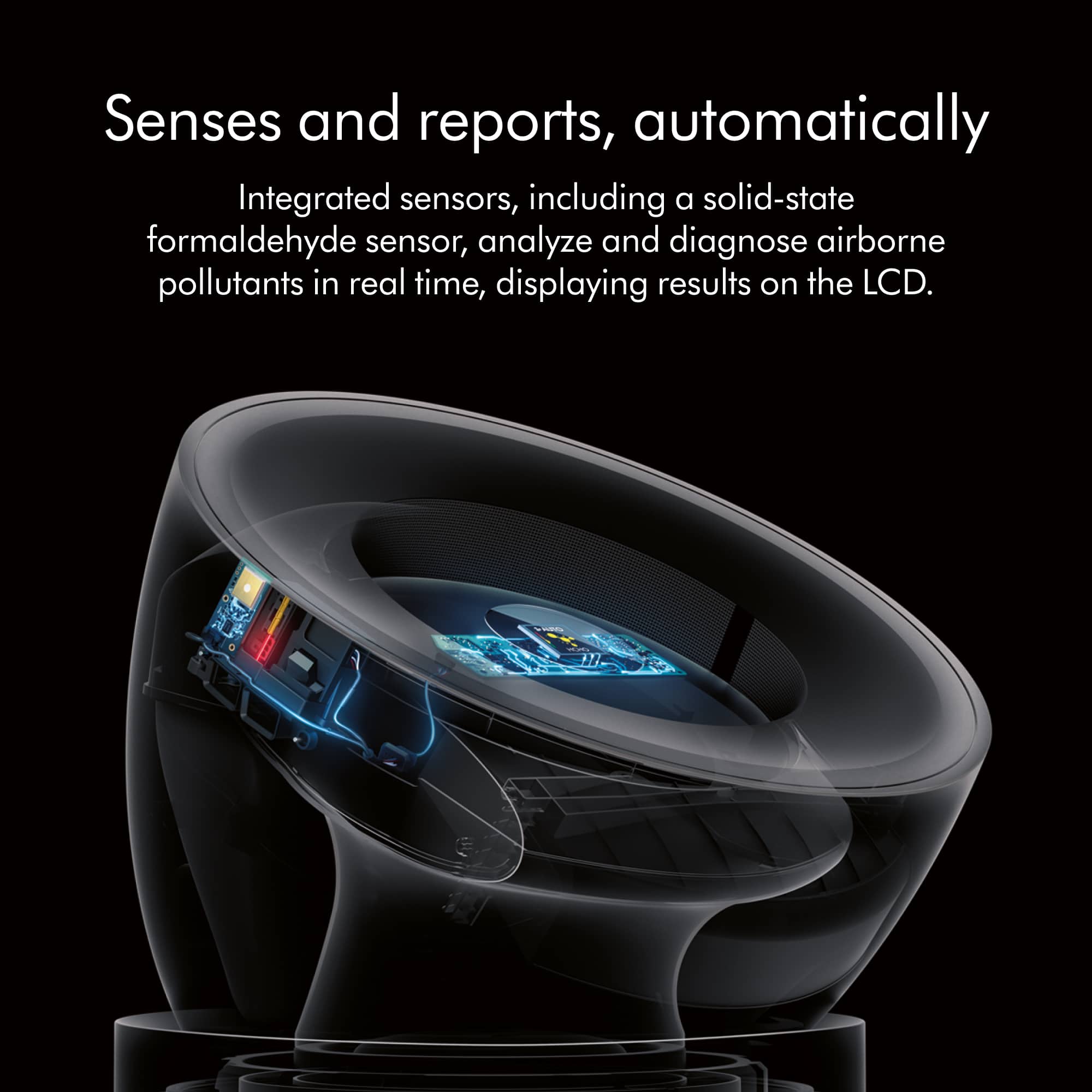 The image features a device with a large LCD screen that displays real-time results of airborne pollutants. The device is equipped with integrated sensors, including a solid-state formaldehyde sensor, which automatically analyze and diagnose airborne pollutants. The device is designed to provide users with a comprehensive understanding of the air quality in their environment, helping them make informed decisions about their health and well-being.