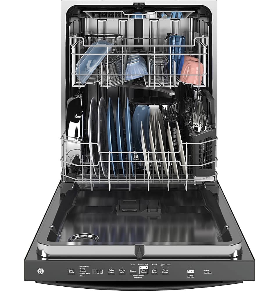 Angle. GE - 24" Top Control Built-In Stainless Steel Tub Dishwasher with 3rd Rack, Sanitze Cycle and 45 dBA - Black.