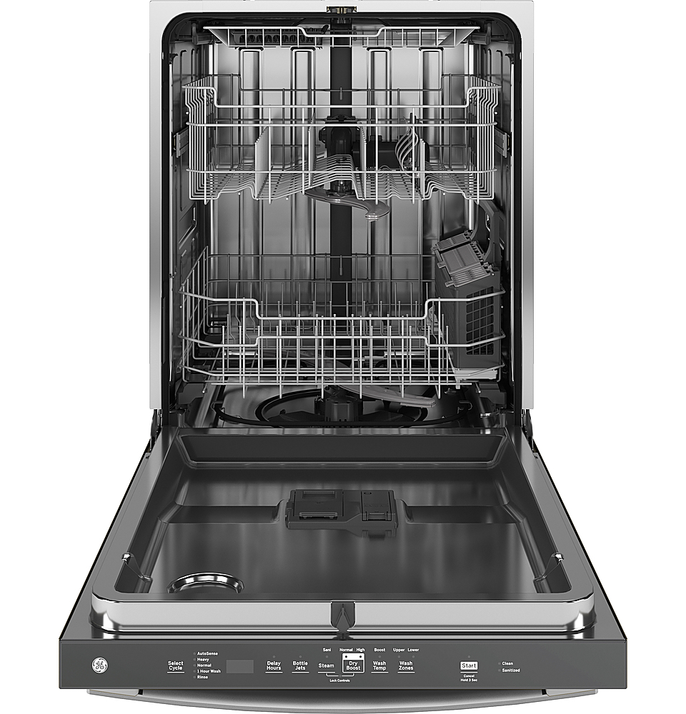 Angle. GE - 24" Top Control Built-In Stainless Steel Tub Dishwasher with 3rd Rack, Sanitize Cycle and 45 dBA - Stainless Steel.