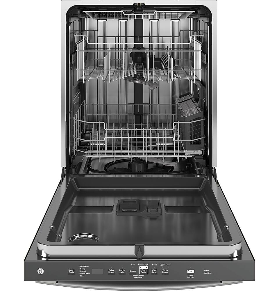 Angle. GE - 24" Top Control Built-In Stainless Steel Tub Dishwasher with 3rd Rack, Sanitize Cycle and 45 dBA - Stainless Steel.