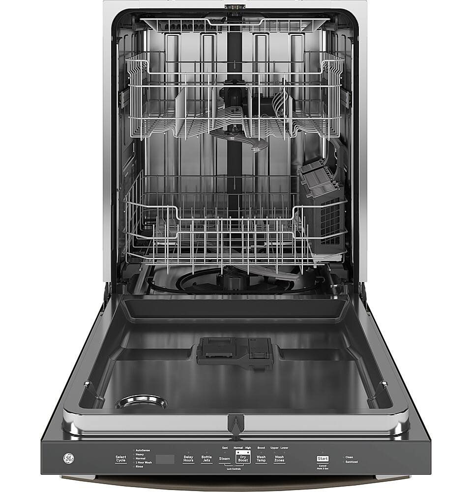 Angle. GE - 24" Top Control Built-In Stainless Steel Tub Dishwasher with 3rd Rack, Sanitize Cycle and 45 dBA - Slate.