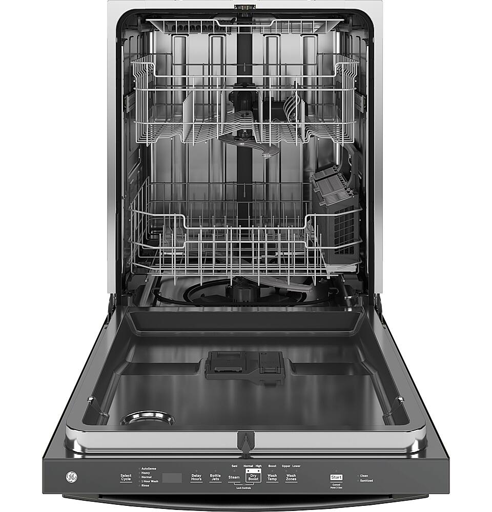 Angle. GE - 24" Top Control Built-In Stainless Steel Tub Dishwasher with 3rd Rack, Sanitize Cycle and 45 dBA - Black Slate.