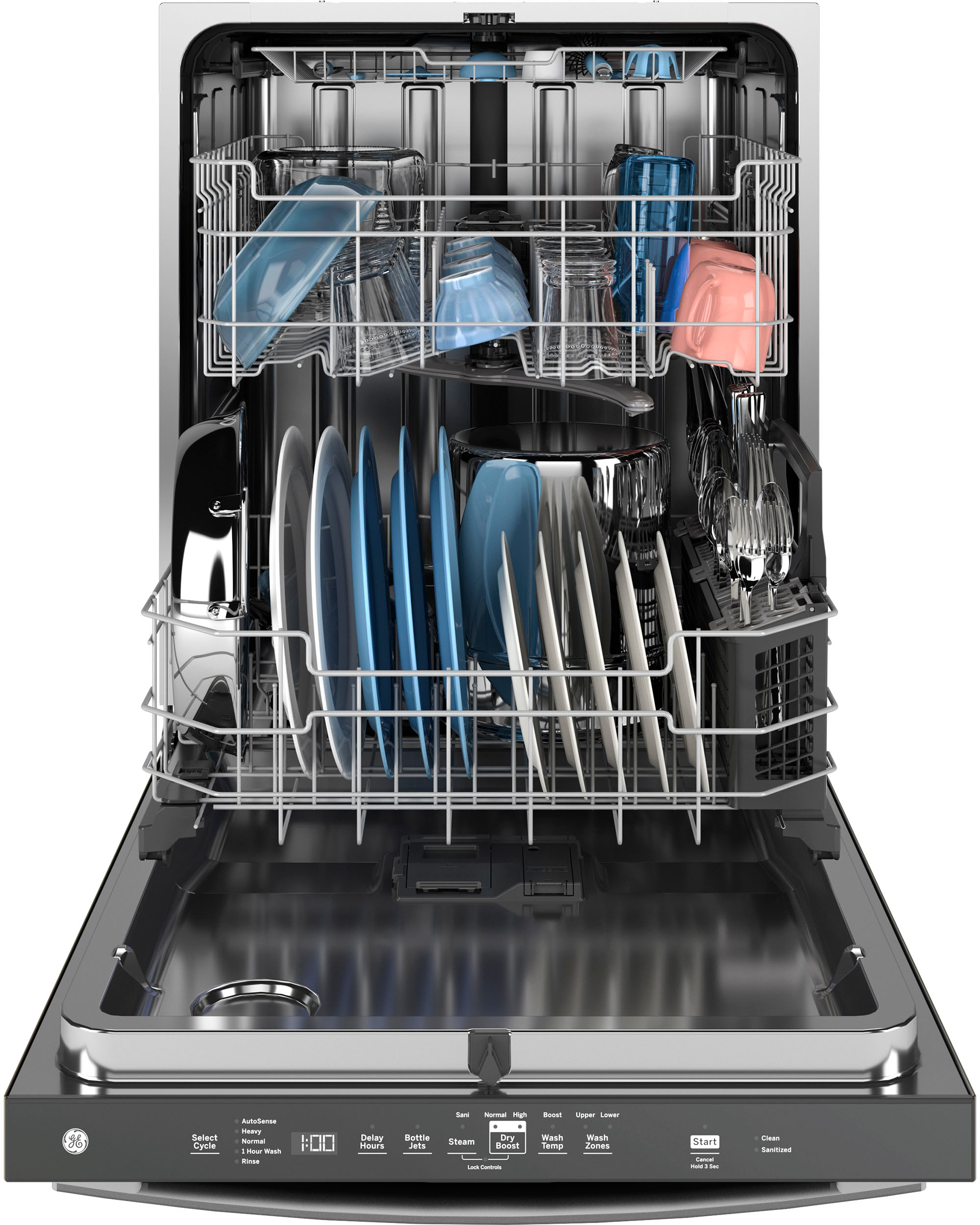 Left View: GE - 24"Top Control Fingerprint Resistant Dishwasher with Stainless Steel Interior Dishwasher with Sanitize Cycle - Stainless Steel