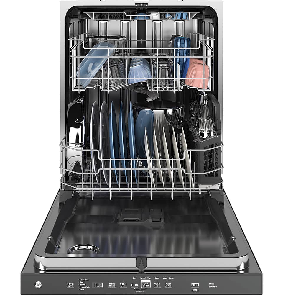 Left. GE - Top Control Dishwasher with Standless Steel Interior and Santize Cycle - Black.