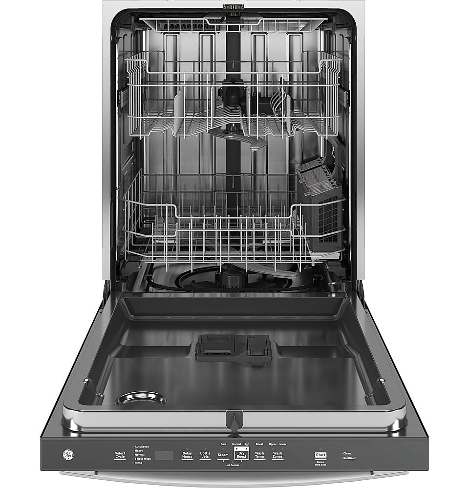 Angle. GE - 24" Top Control Built-In Stainless Steel Tub Dishwasher with 3rd Rack, Sanitze Cycle and 45 dBA - White.
