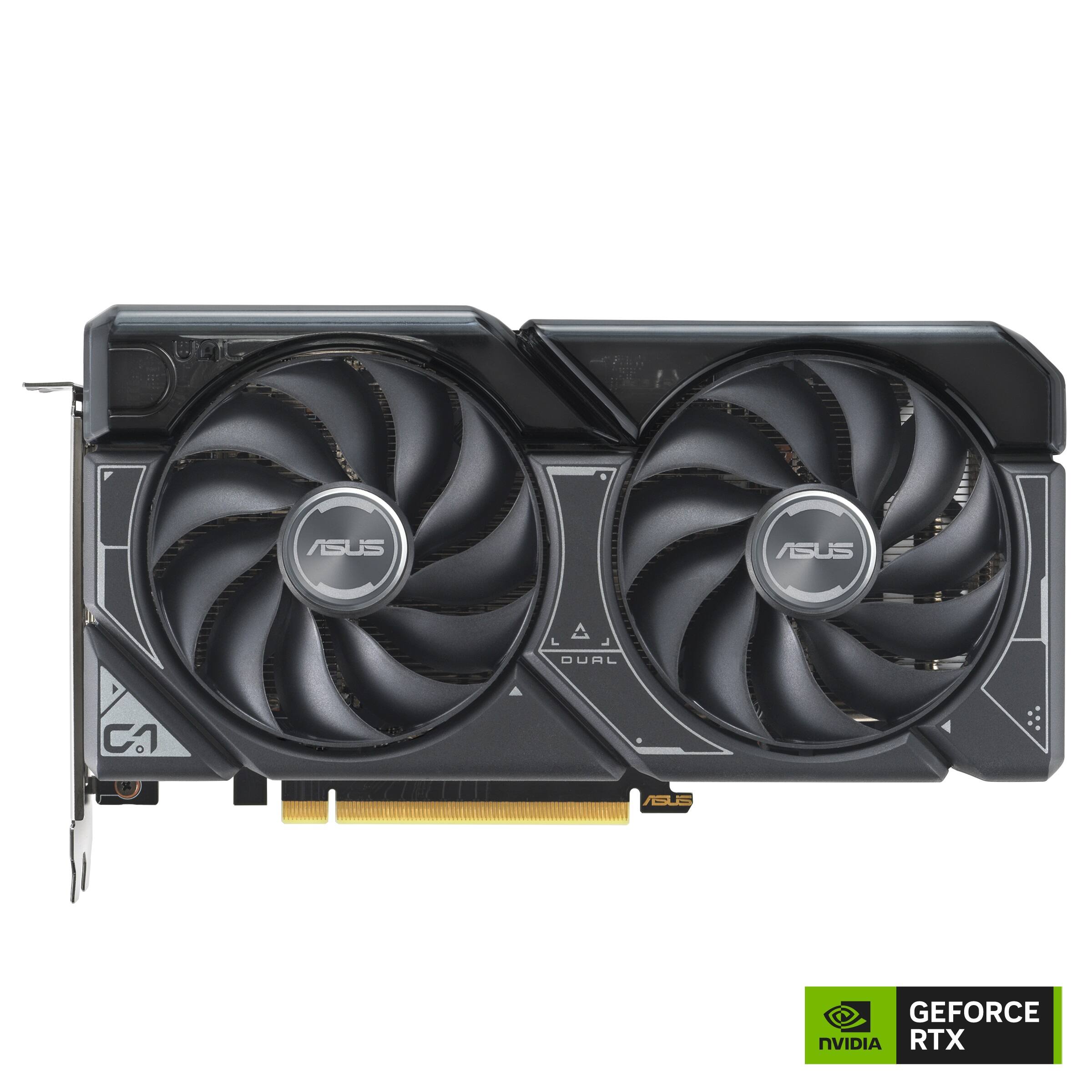 The image features a close-up view of a graphics card, specifically an ASUS GeForce RTX. The card has two fans on it, and it is designed to be used in a computer for enhanced gaming performance. The fans are positioned on the left and right sides of the card, ensuring proper cooling and airflow. The card is likely used for high-end gaming and other demanding tasks that require powerful graphics processing.