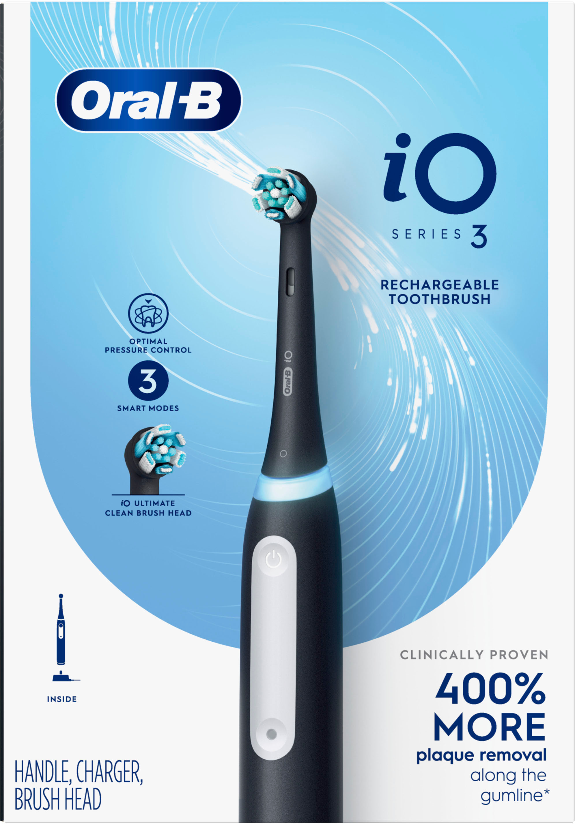 Oral-B iO Series 3 Limited Rechargeable Electric Powered Toothbrush, Black  with 2 Brush Heads and Travel Case - Visible Pressure Sensor to Protect