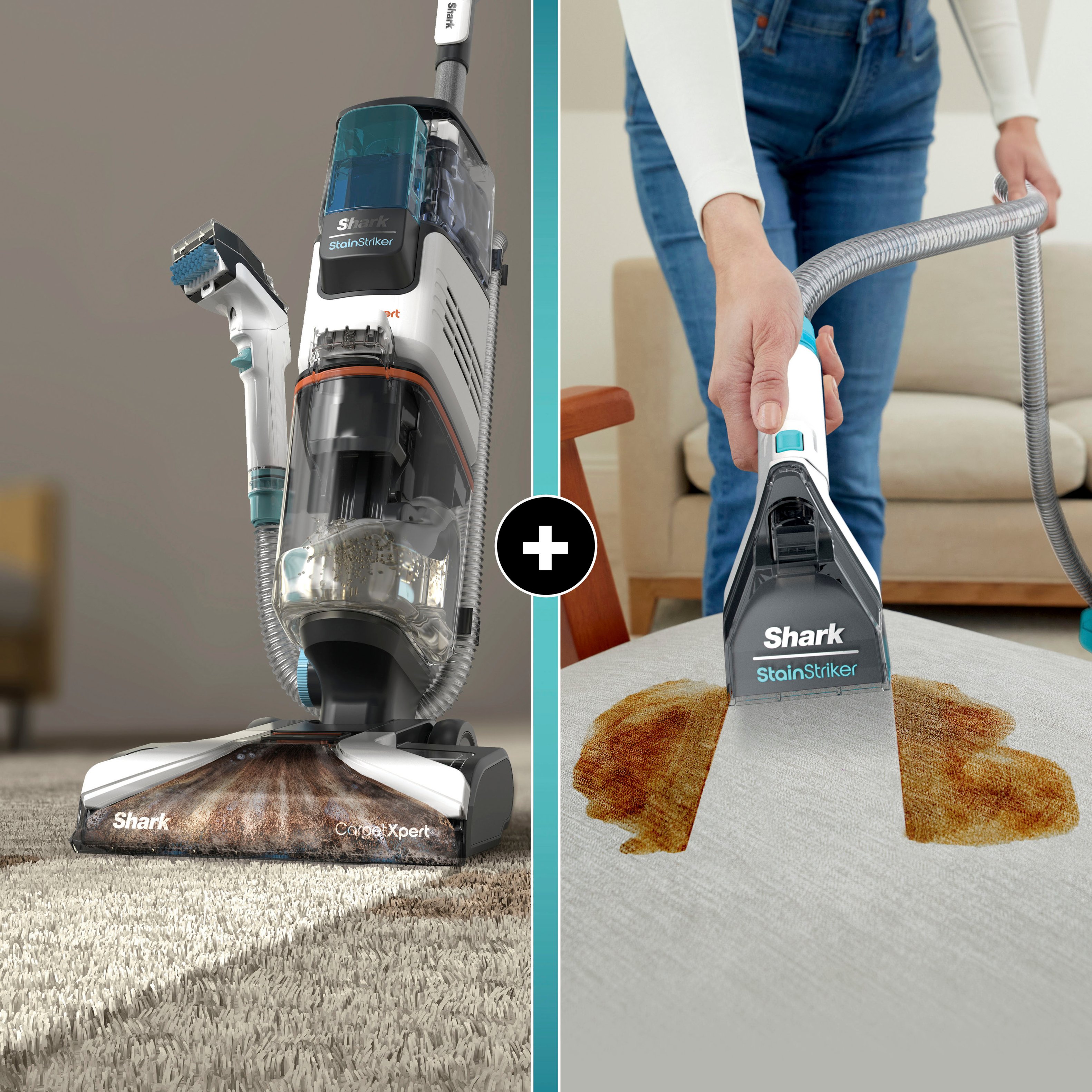 Left View: Shark - CarpetXpert with Stainstriker Technology Corded Upright Deep Carpet and Upholstery Cleaner with Built-in Spot Remover - White