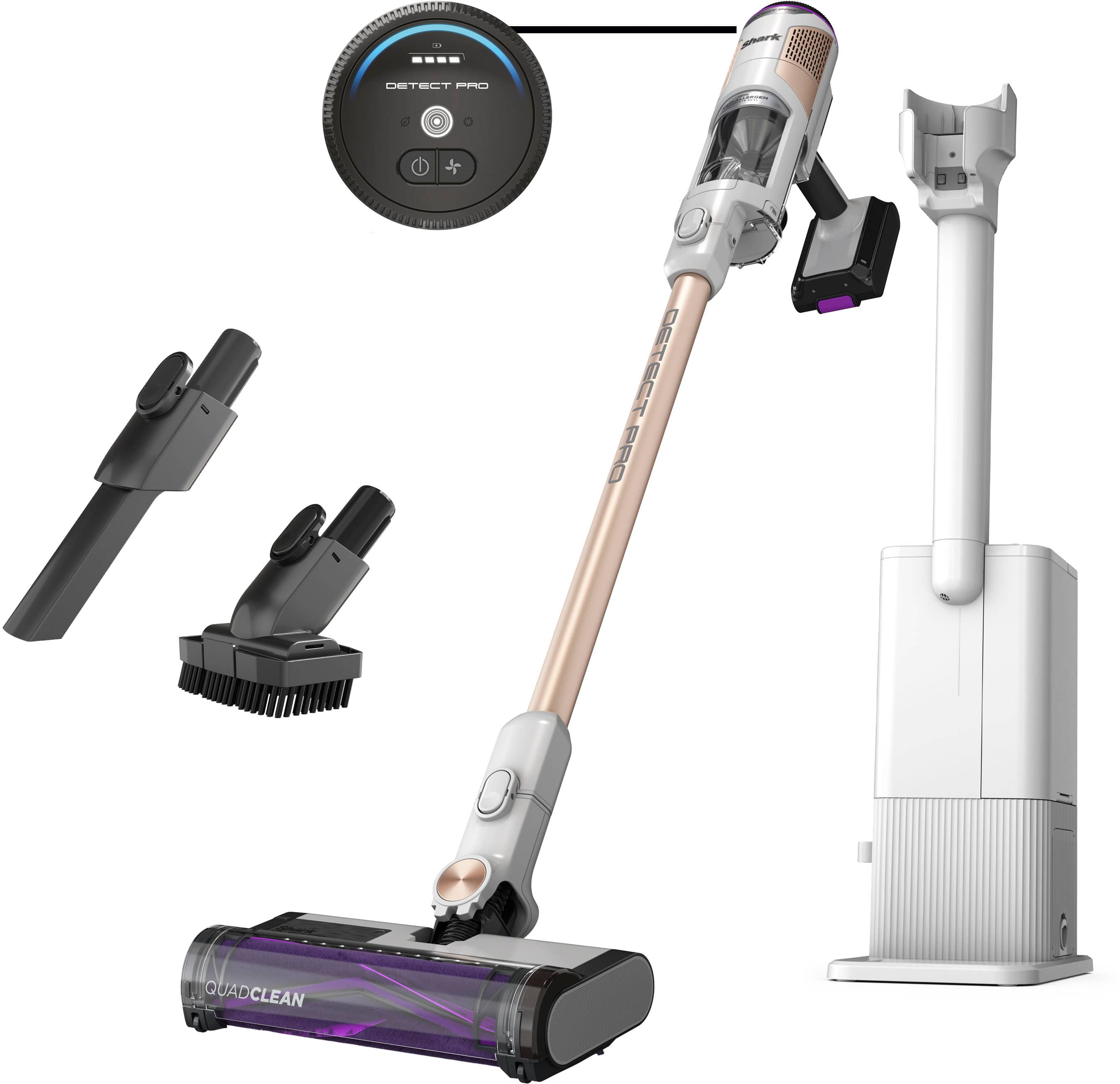 Front. Shark - Detect Pro Auto-Empty System, Cordless Vacuum with QuadClean Multi-Surface Brushroll, HEPA Filter & 60-Minute Runtime - White/Beats Brass.