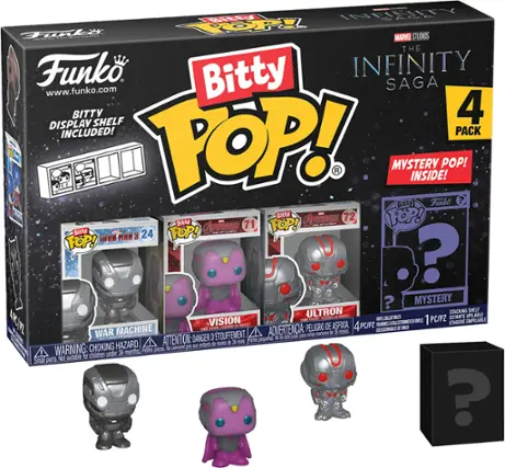 Front. Funko - Bitty POP Marvel: The Infinity Saga 4 Pack - War Machine, Vision, Ultron, and Mystery Character.