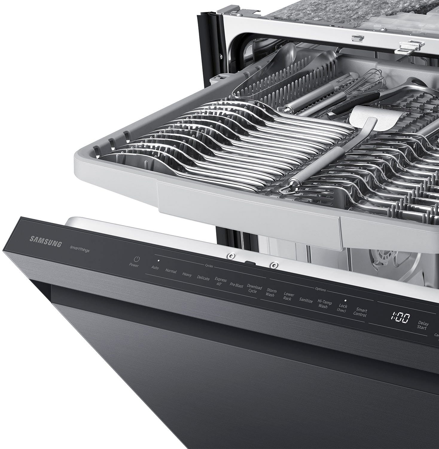 Alt View 19. Samsung - AutoRelease Dry Smart Built-In Stainless Steel Tub Dishwasher with 3rd Rack, StormWash, 46 dBA - Fingerprint Resistant Matte Black.