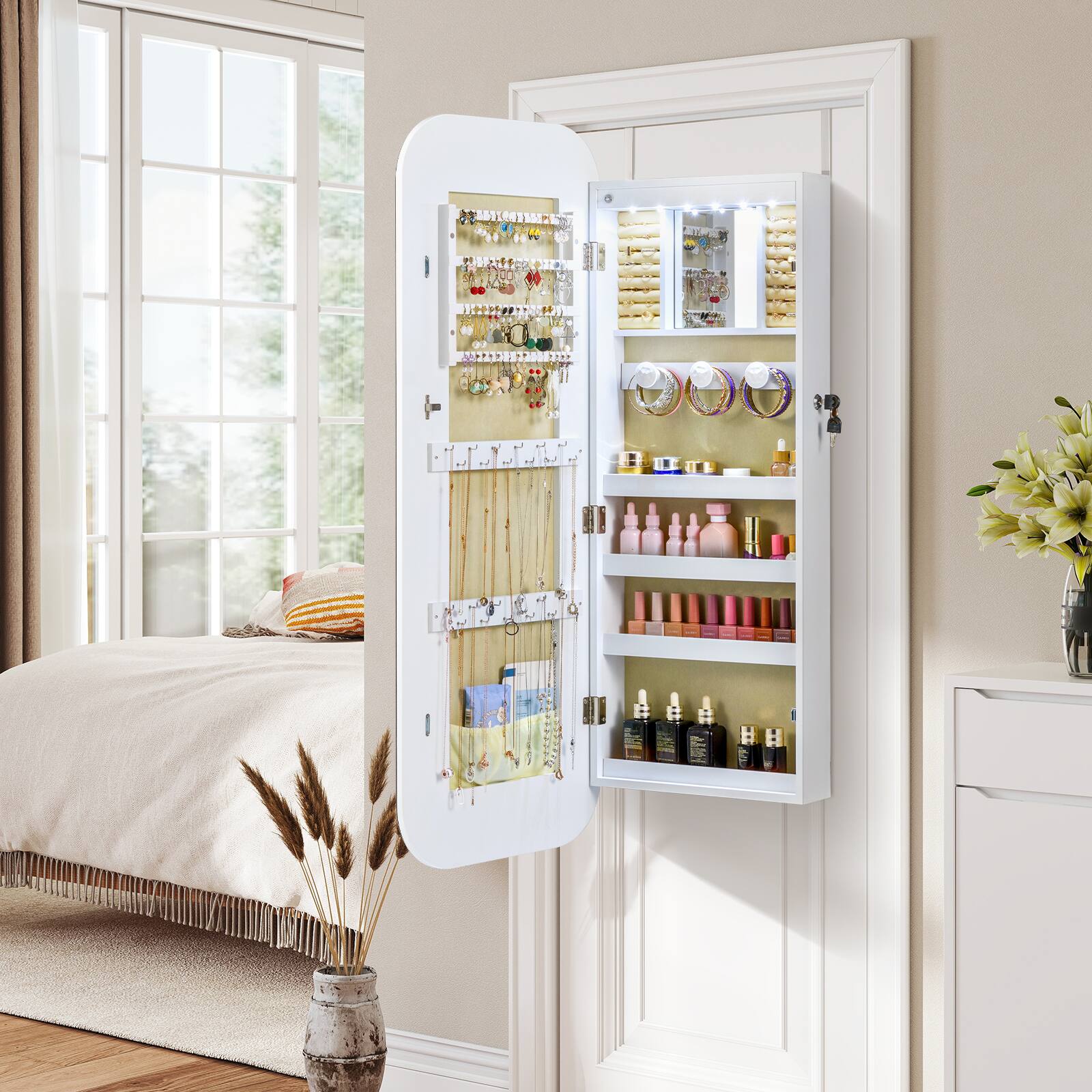 Alt View 3. Gymax - Gymax 6 LEDs Mirror Jewelry Cabinet w/Full-Length Rounded MirrorStorage Shelves Hooks White - White.