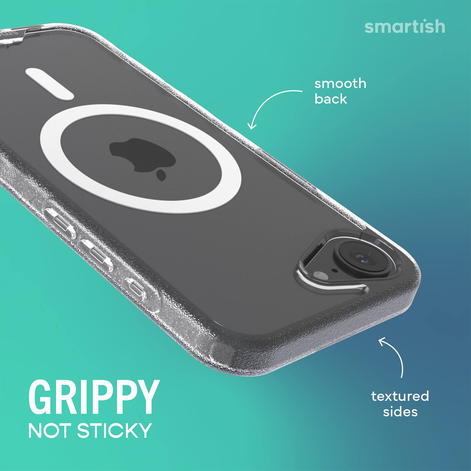 smartish  
smooth back  
GRIPPY NOT STICKY  
textured sides