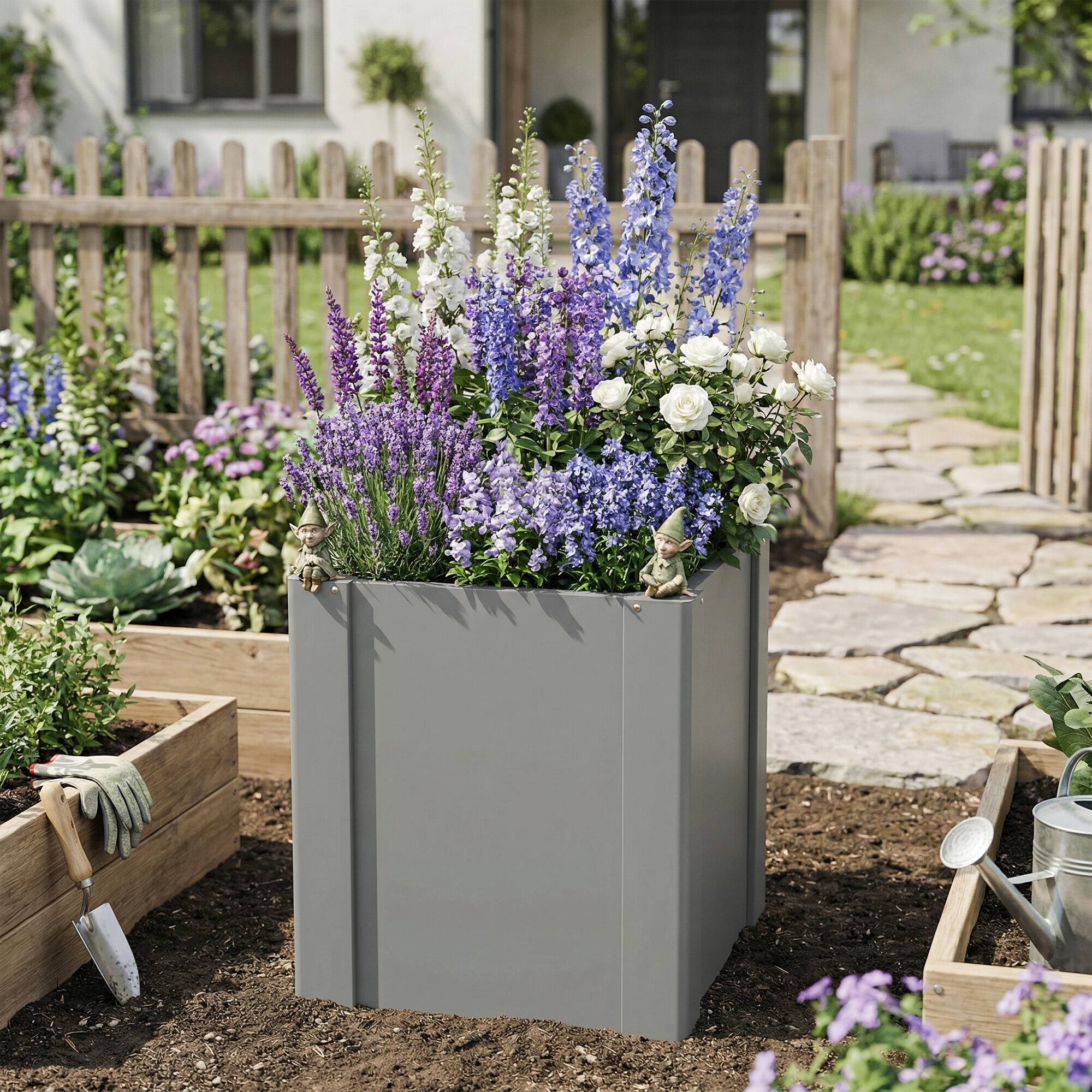 Alt View 7. Outsunny - Garden Bed Galvanized Planter Box Outdoor with Gloves for Gardening Vegetables, Flower, Herb - Gray.