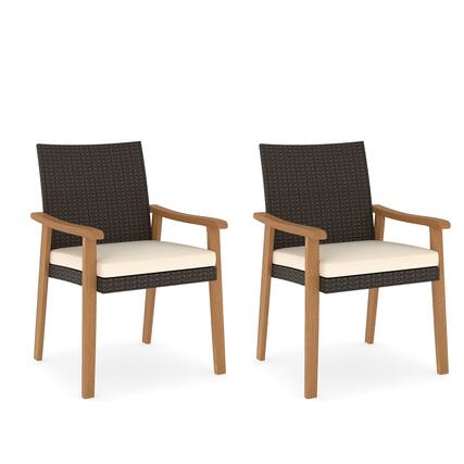 Front. Gymax - Gymax Patio Dining Chair 2 PCS w/Cushion Wood Armrests Metal Frame for Garden Off White - White.