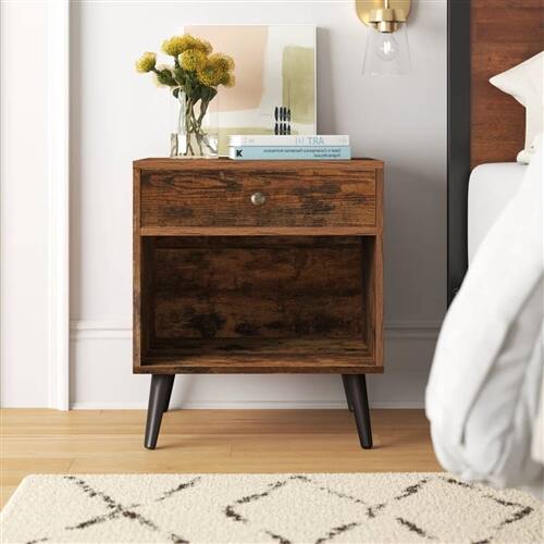 Angle. Hivvago - Mid-Century Farmhouse Bedroom 1-Drawer Nightstand End Table with Open Shelf - Brown.