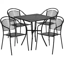 Emma + Oliver - Commercial Grade 28" Square Metal Garden Patio Table Set w/ 4 Round Back Chairs - Black