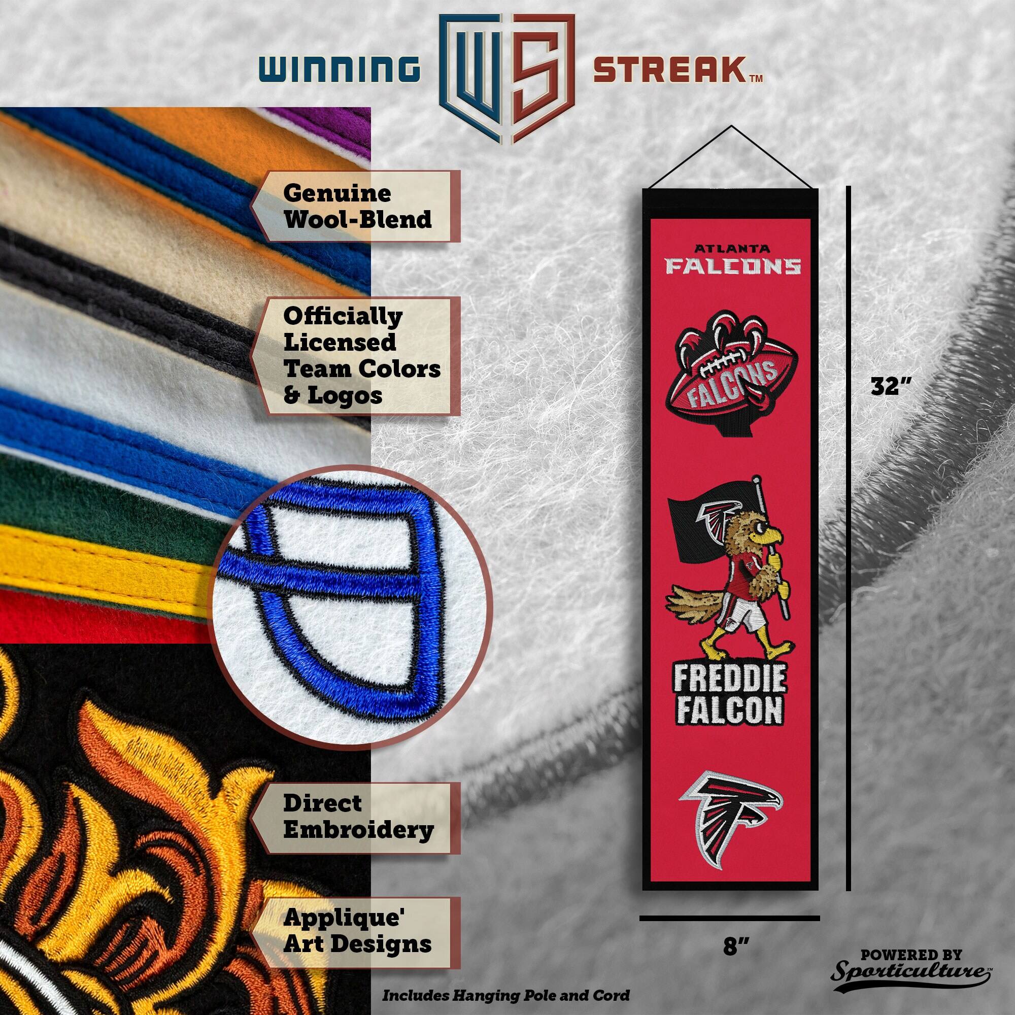 WINNING U 5 STREAK™ Genuine Wool-Blend ATLANTA FALCONS Officially Licensed Team Colors & Logos () FALCONS 32" FREDDIE FALCON Direct Embroidery Applique' Art Designs Includes Hanging Pole and Cord 8" POWERED BY Sporticulture