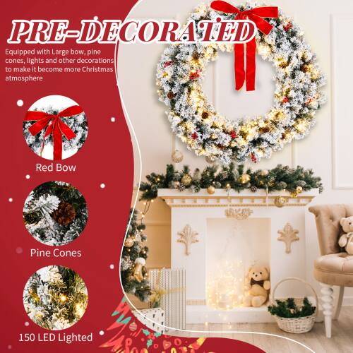 PRE-DECORATED  
Equipped with Large bow, pine cones, lights and other decorations to make it become more Christmas atmosphere  

Red Bow  
Pine Cones  
150 LED Lighted