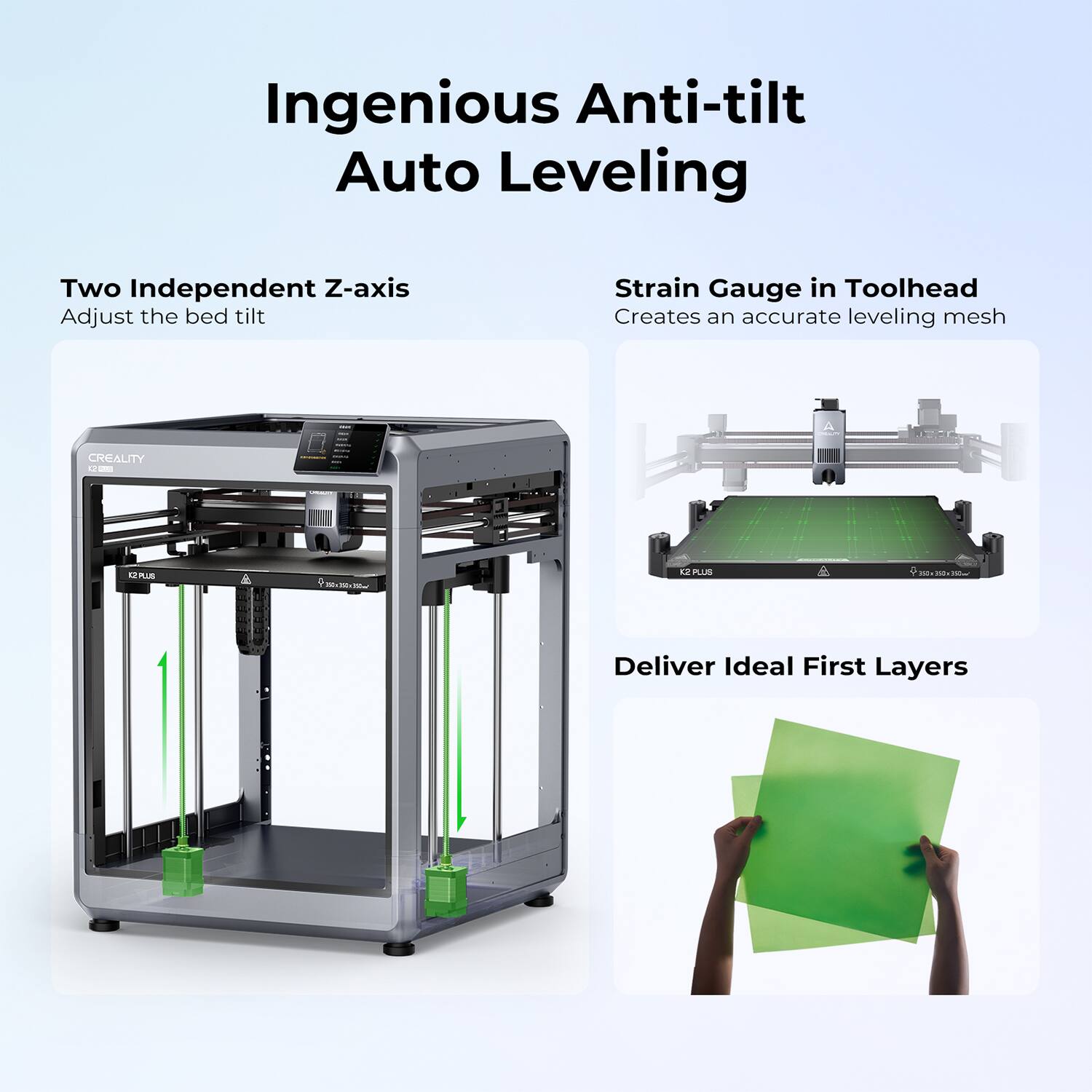 Ingenious Anti-tilt Auto Leveling: Two Independent Z-axis Adjust the bed tilt Strain Gauge in Toolhead Creates an accurate leveling mesh Deliver Ideal First Layers