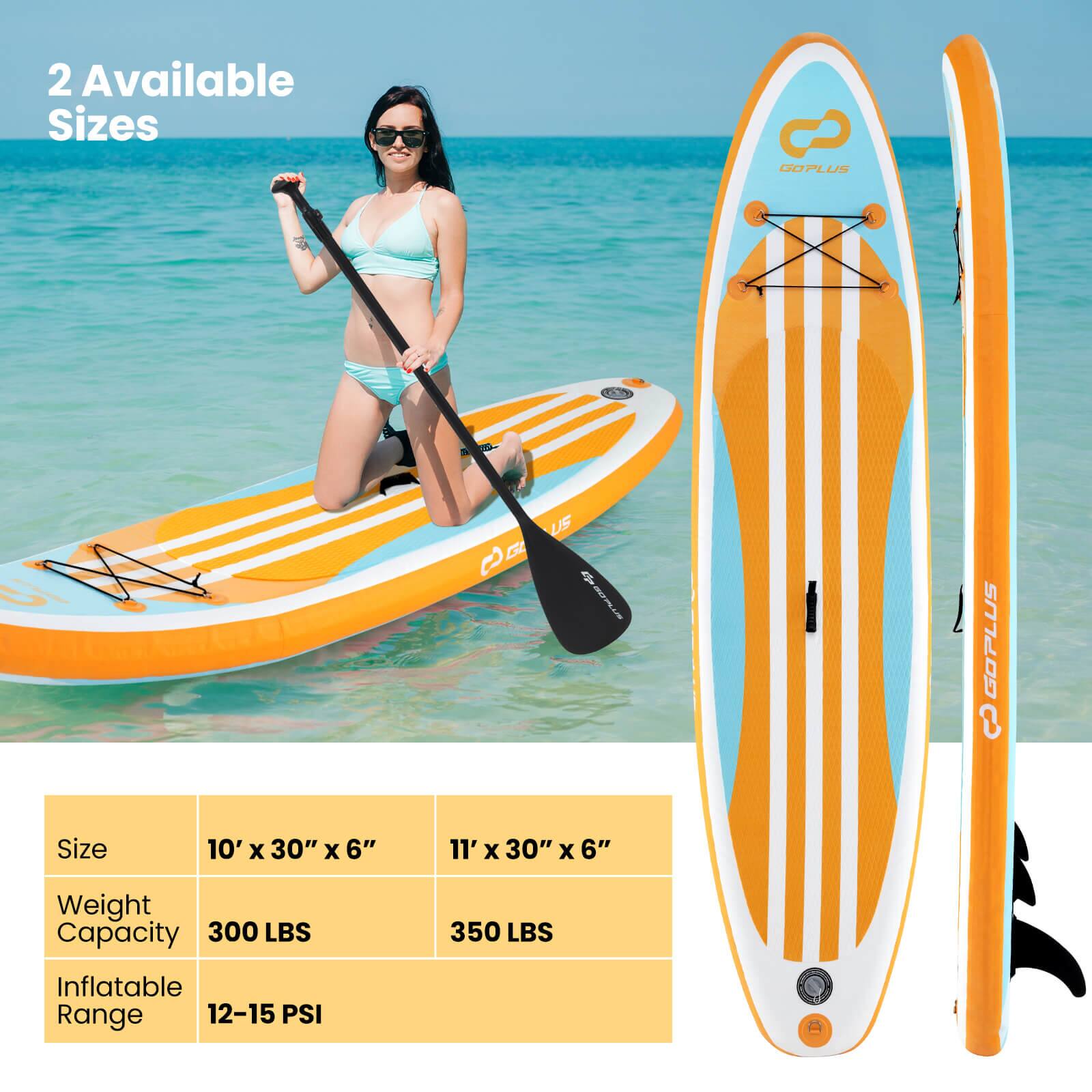 The image features a woman sitting on an orange and white surfboard, which is advertised as being available in two sizes. The surfboard is designed by GOPLUS and is made of inflatable material, with a weight capacity of 300 lbs for the smaller size and 350 lbs for the larger size. The inflatable range for this surfboard is 12-15 PSI.