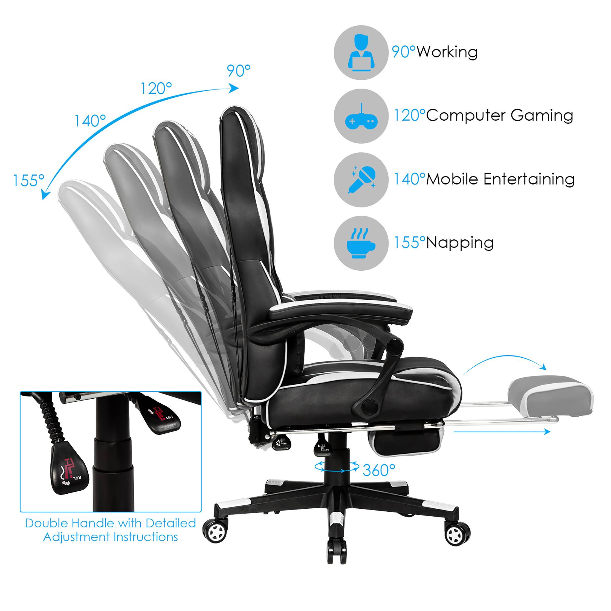 The text on the image is grouped and corrected as follows:

140 120 90 90 Working 120 20 Computer Gaming 155 40 Mobile Entertaining 155 Napping 15 - L 360 Double Handle with Detailed Adjustment Instructions