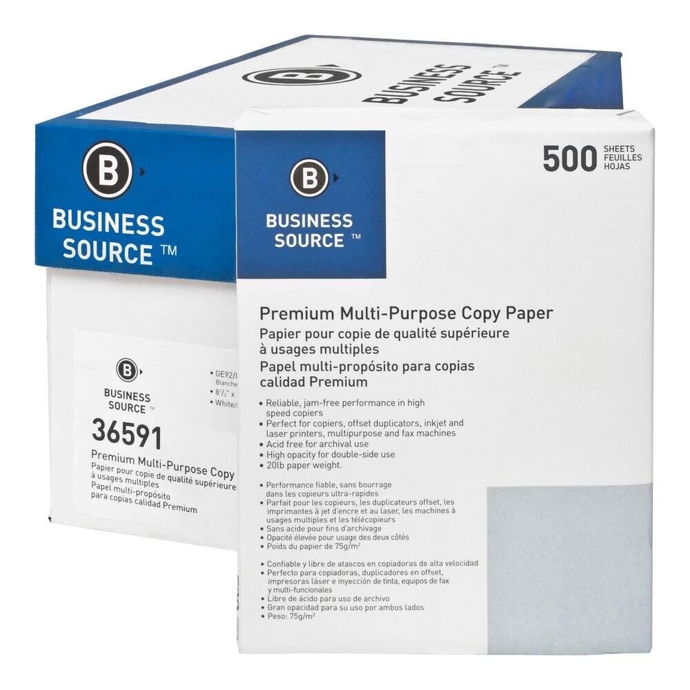 BUSINESS SOURCE™  
BUSINESS SOURCE SHEETS  
500 FEUILLES HOJAS  

BUSINESS™ SOURCE Premium Multi-Purpose Copy Paper  
Papier pour copie de qualité supérieure usages multiples  
Papel multi-propósito para copias  

GE92/ Blanche calidad Premium BUSINESS 81 White/ Reliable, jam-free performance in high SOURCE speed copiers  
Perfect for copiers, offset duplicators, inkjet and 36591 laser printers, multipurpose and fax machines  
Acid free for archival use  
Premium High opacity for double-side use  
Papier Multi-Purpose 20lb paper weight.  

a pour copie de Copy usages multiples qualit Papel supérieure Performance fiable, sans bourrage para copias multi-propósito dans les copieurs ultra-rapides calidad Parfait pour les copieurs, les duplicateurs offset, Les Premium imprimantes jet d'encre et au laser, les machines A usages multiples et les télécopieurs  
Sans acide pour fins d'archivage Opacité élevée pour usage des deux côtés  
Poids du papier de 75g/m²