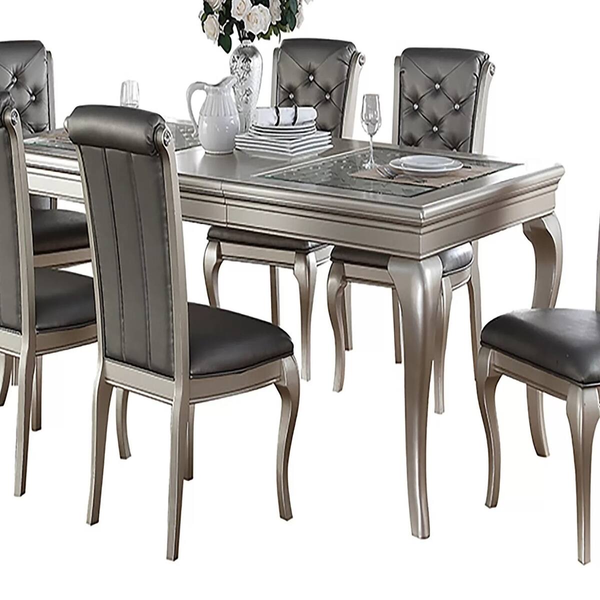 Loheer Silver Rectangular Dining Table With Glass Insert Top and ...