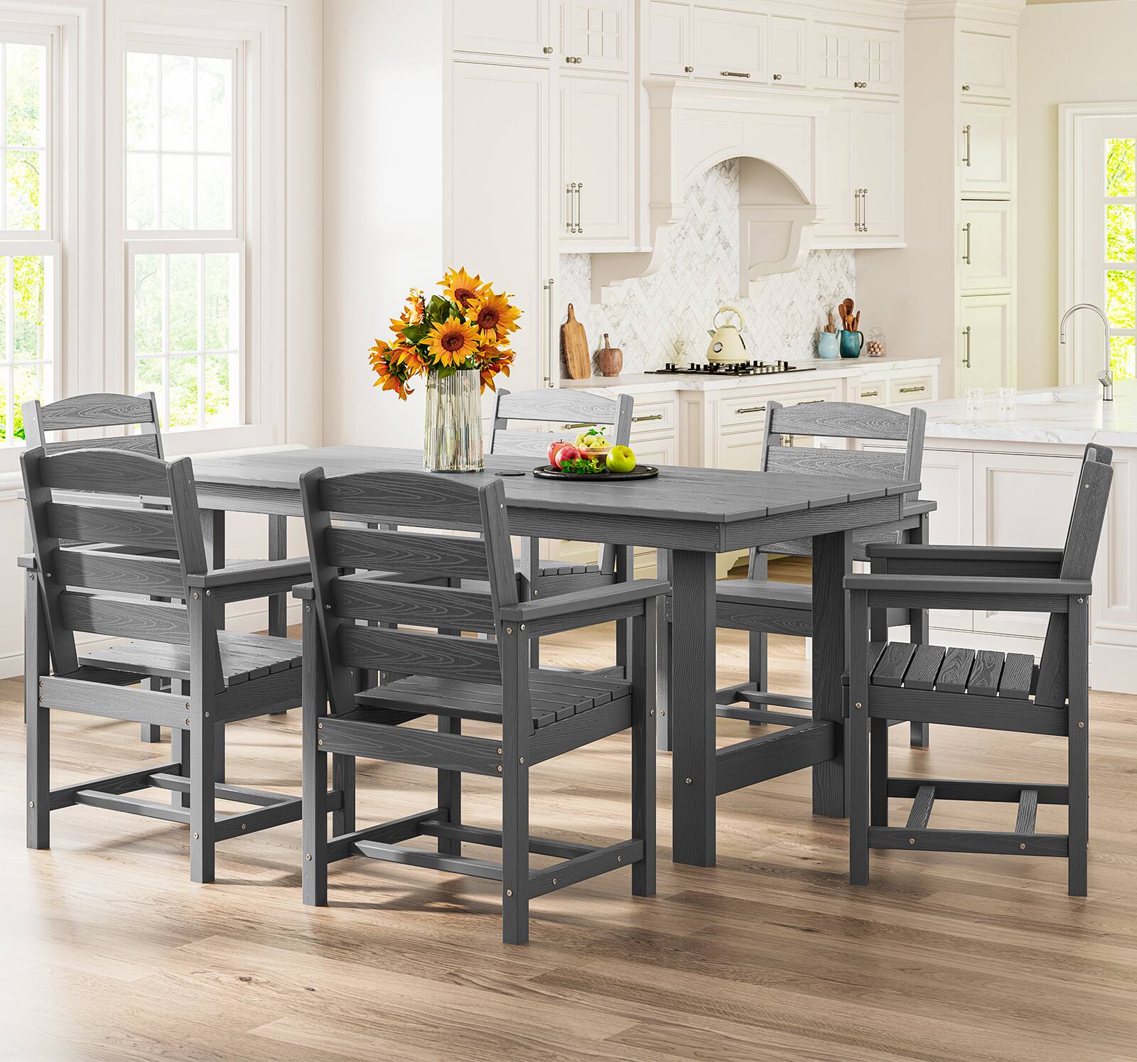 Alt View 5. SERWALL - 7 Pcs Outdoor Dining Set, Outdoor Dining Furniture with Rectangular Table & 6 Chairs, All-Weather Resistant Dining Set - Gray.