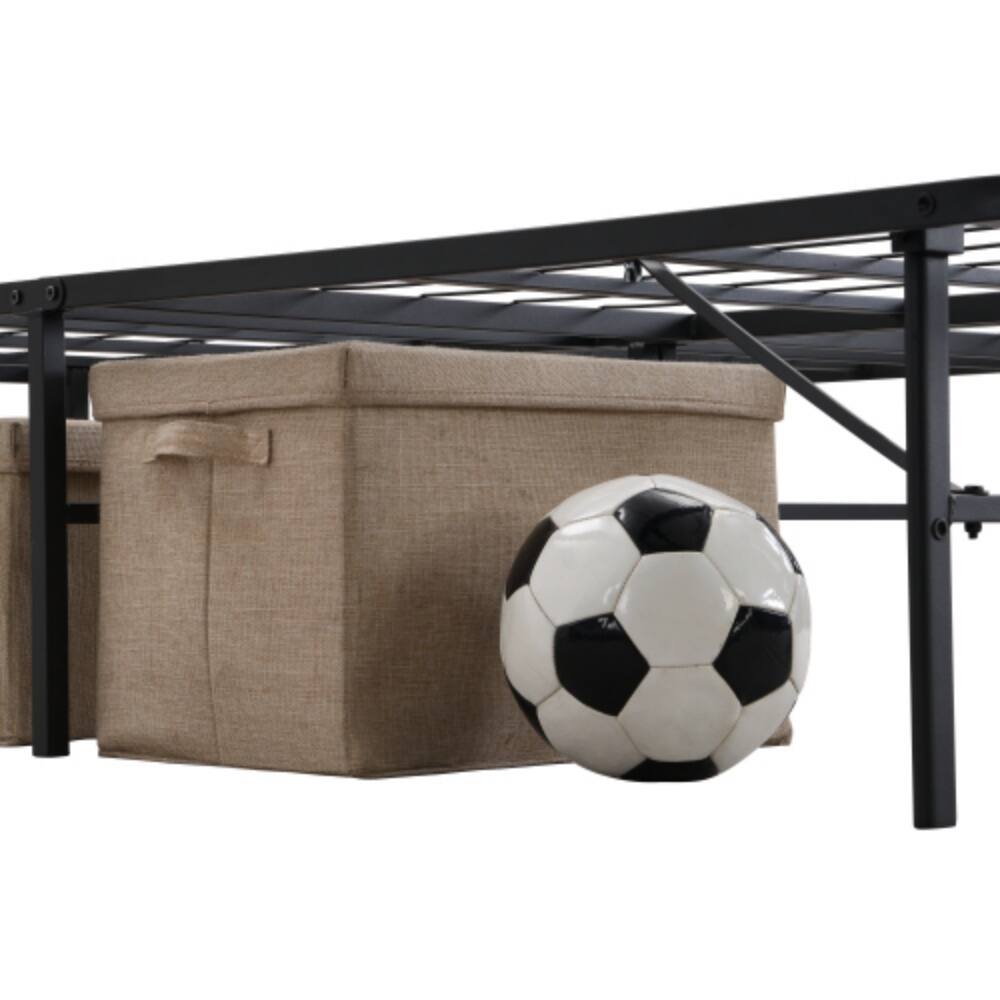 Left. LUCKY ONE - King Size Metal Folding Platform Bed Frame, 14in High, Heavy Duty Steel Slats, No Box Spring Needed, Under-Bed Storage - Black.