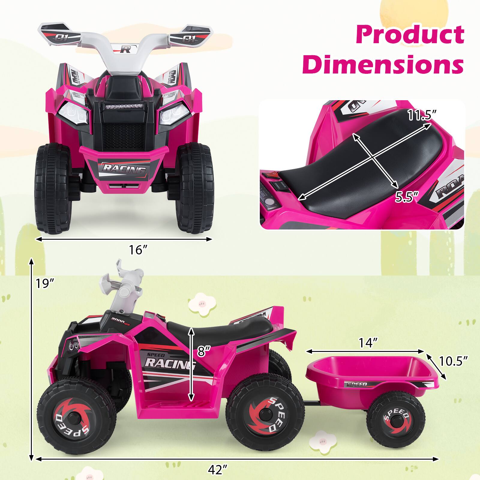 C1  
C Product Dimensions  
11.5"  
RAFING  
5.5"  
ROA  
16"  
19"  
1 anna t  
SPL  
8"  
RACIN  
14"  
10.5"  
EE  
S  
SPEER  
OEO  
SPEEO  
42"