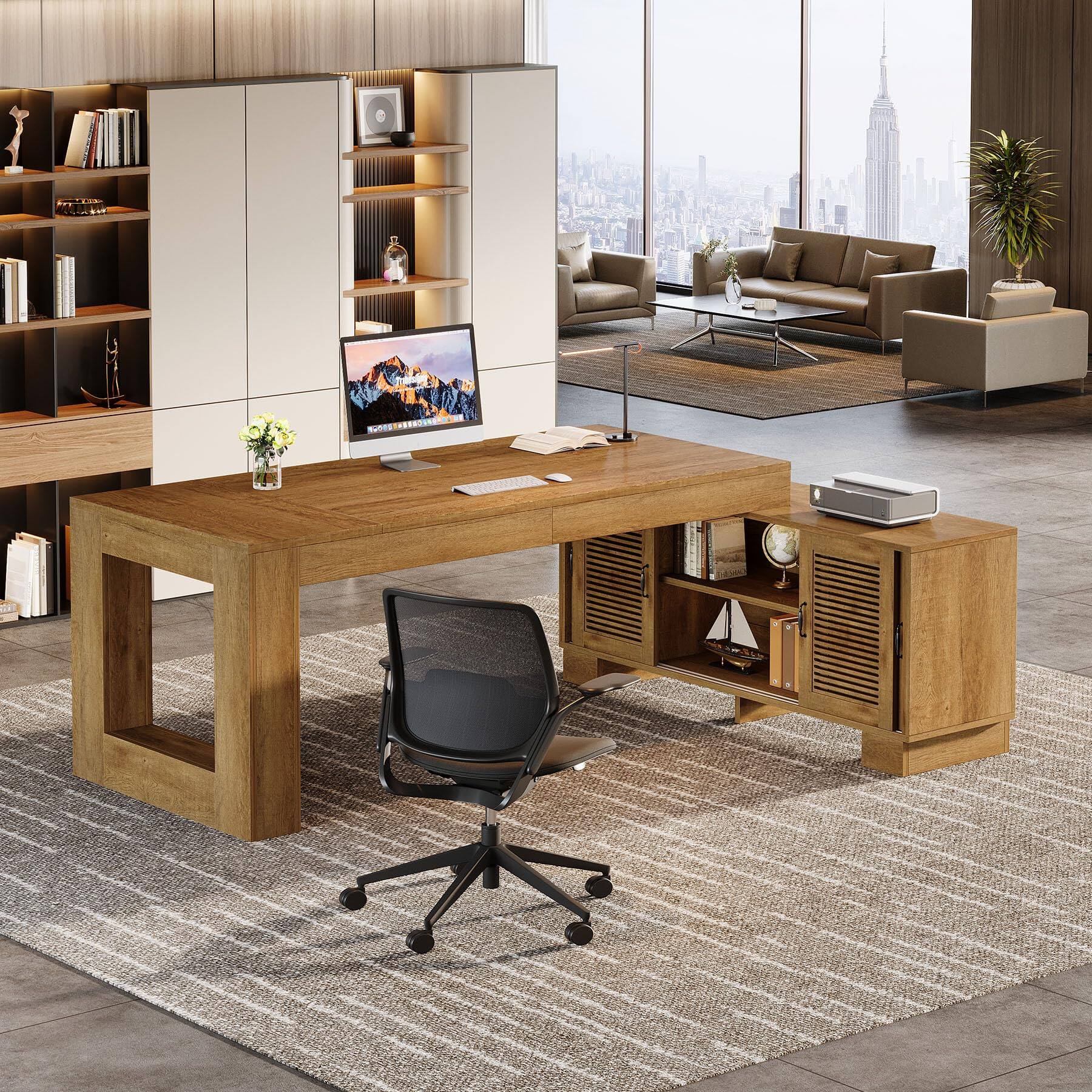 Alt View 4. Tribesigns - L Shaped Executive Desk with Storage Cabinets and 2-Tier Shelf, 78-Inch Simple Modern Business Furniture Large Computer - Dark Brown.