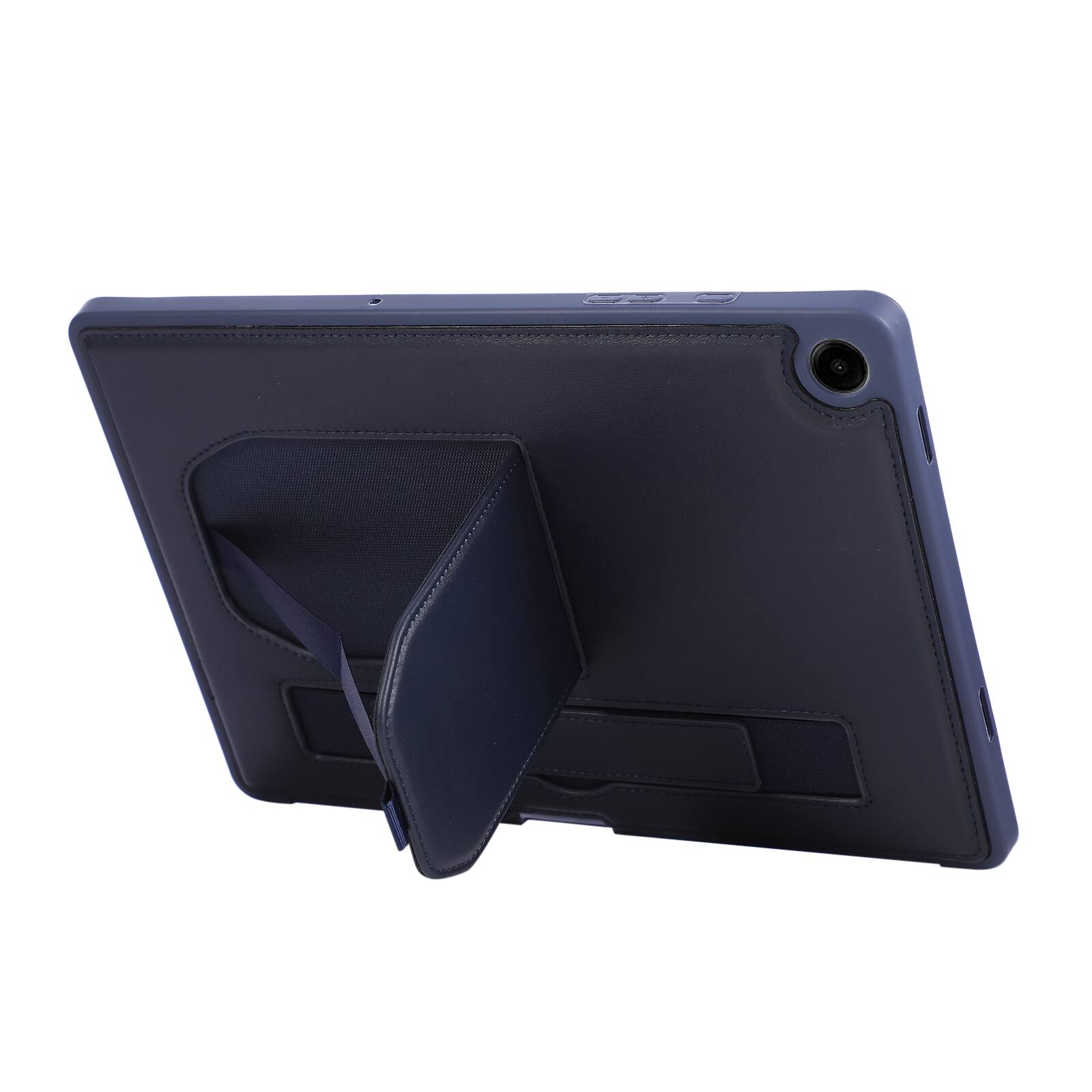 Angle. Dteck - Shockproof Case for Samsung Galaxy Tab A11+ with Hand Strap and Foldable Kickstand, PU Leather TPU Protective Cover - Blue.